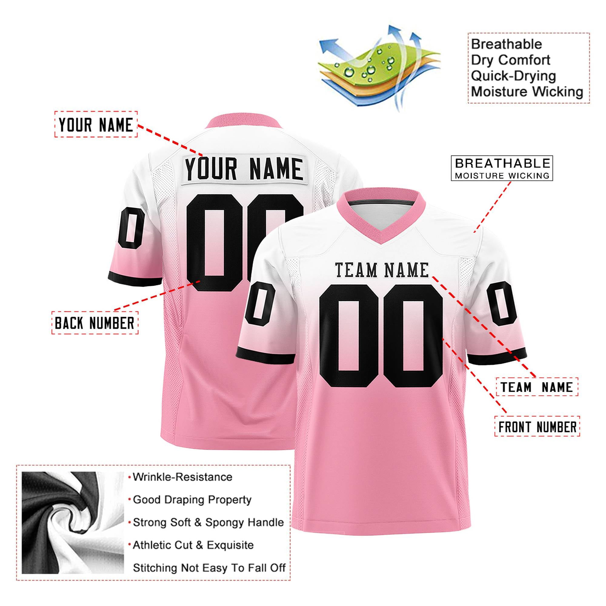 Custom White-Light Pink-Black Gradient Fashion Mesh Authentic Football Jersey