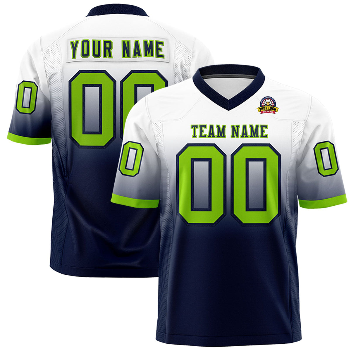 Custom White Navy Neon Green Gradient Fashion Mesh Authentic Football Jersey