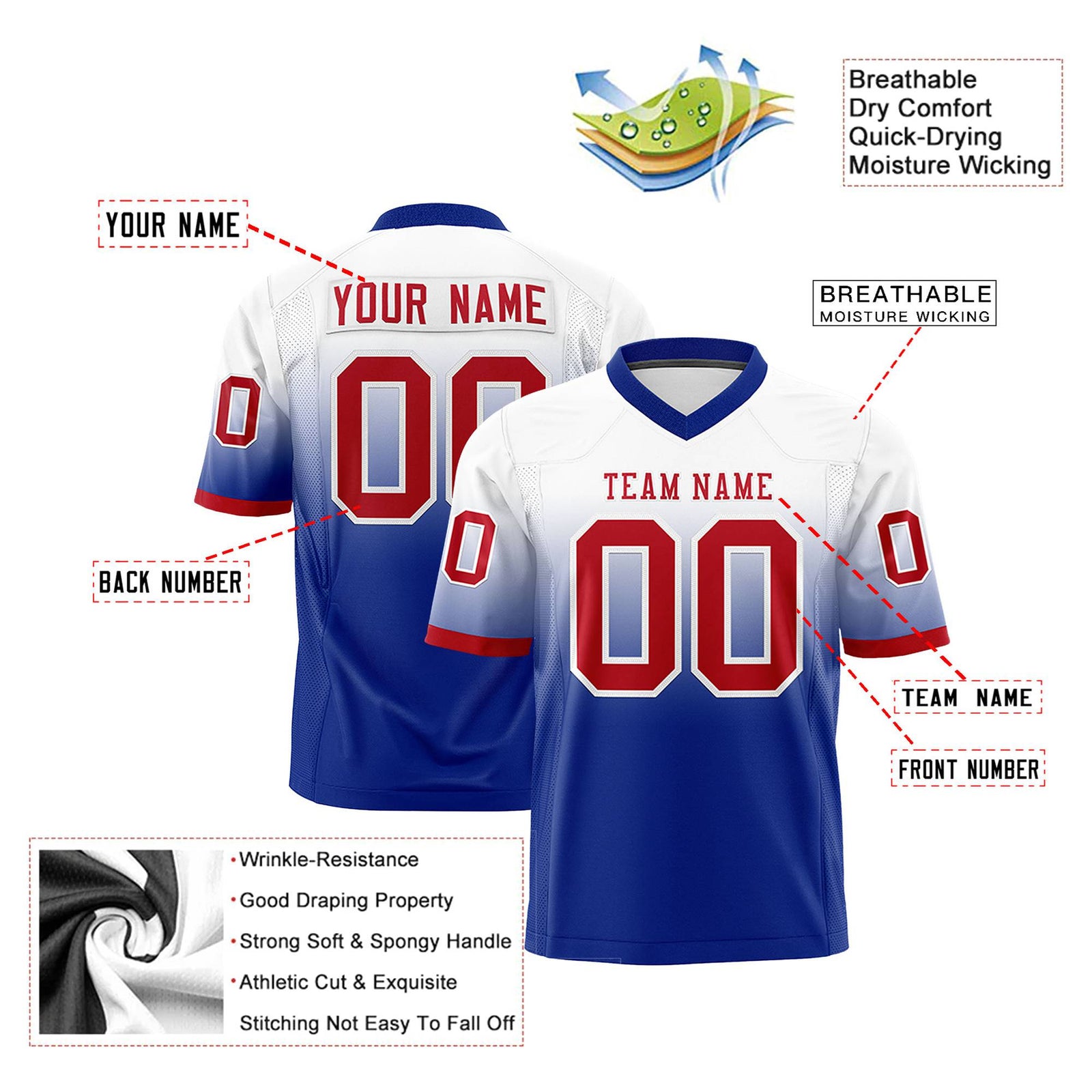 Custom White-Royal Blue-Red Gradient Fashion Mesh Authentic Football Jersey