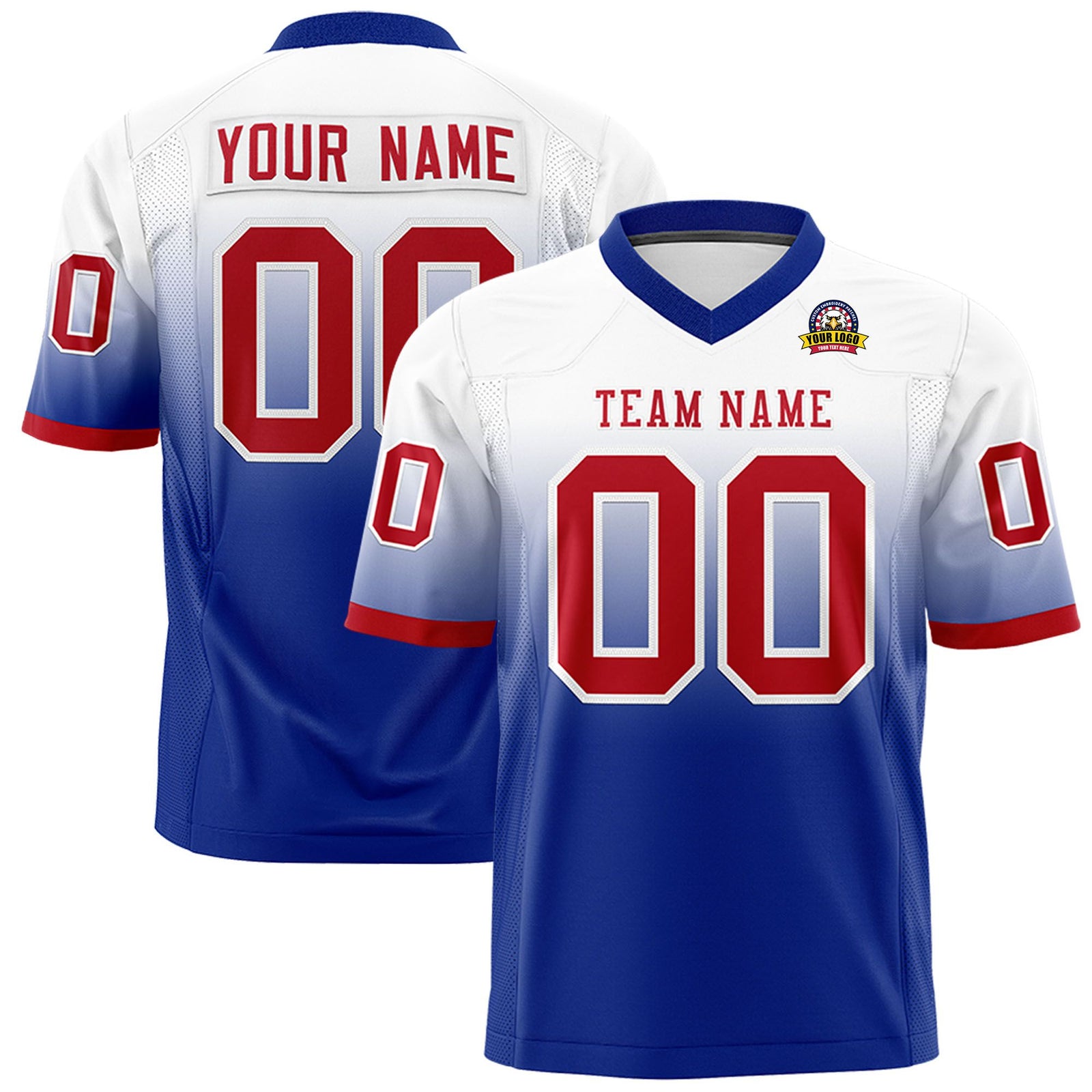 Custom White-Royal Blue-Red Gradient Fashion Mesh Authentic Football Jersey