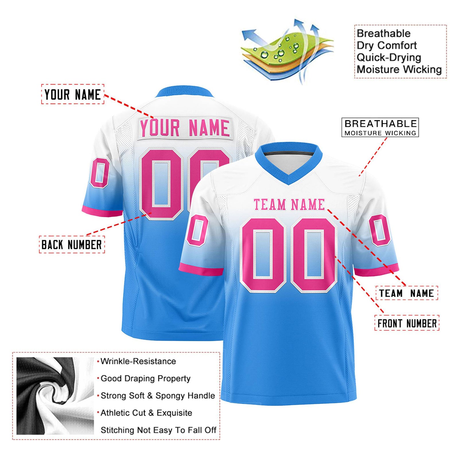 Custom White-Powder Blue-Pink Gradient Fashion Mesh Authentic Football Jersey