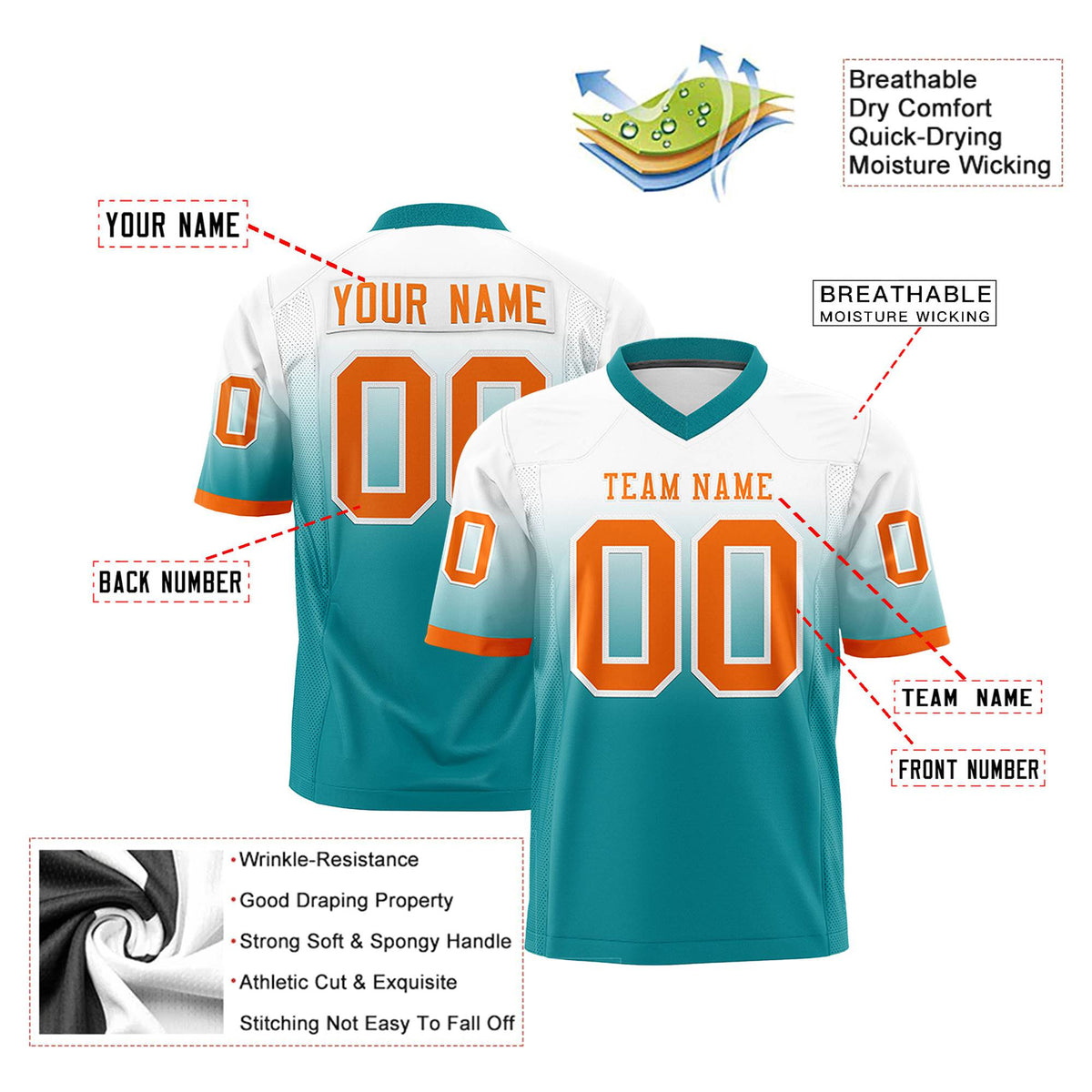 Custom White Aqua Orange Gradient Fashion Mesh Authentic Football Jersey
