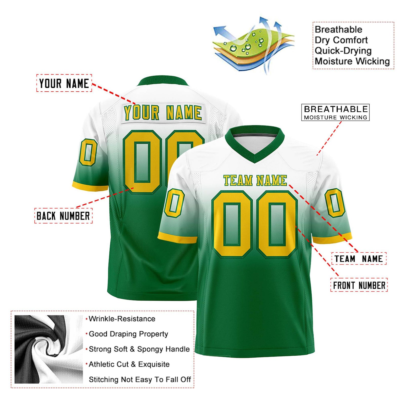 Custom White-Kelly Green-Gold Gradient Fashion Mesh Authentic Football Jersey