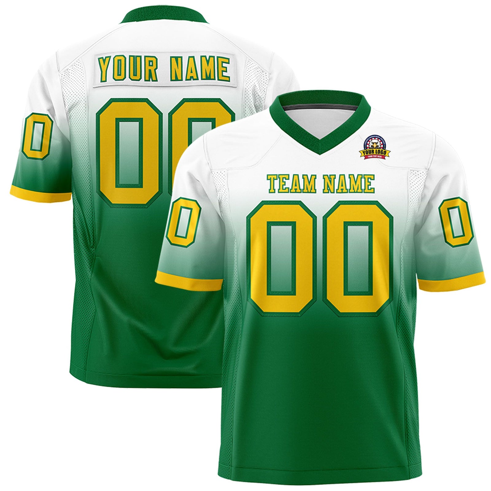 Custom White-Kelly Green-Gold Gradient Fashion Mesh Authentic Football Jersey