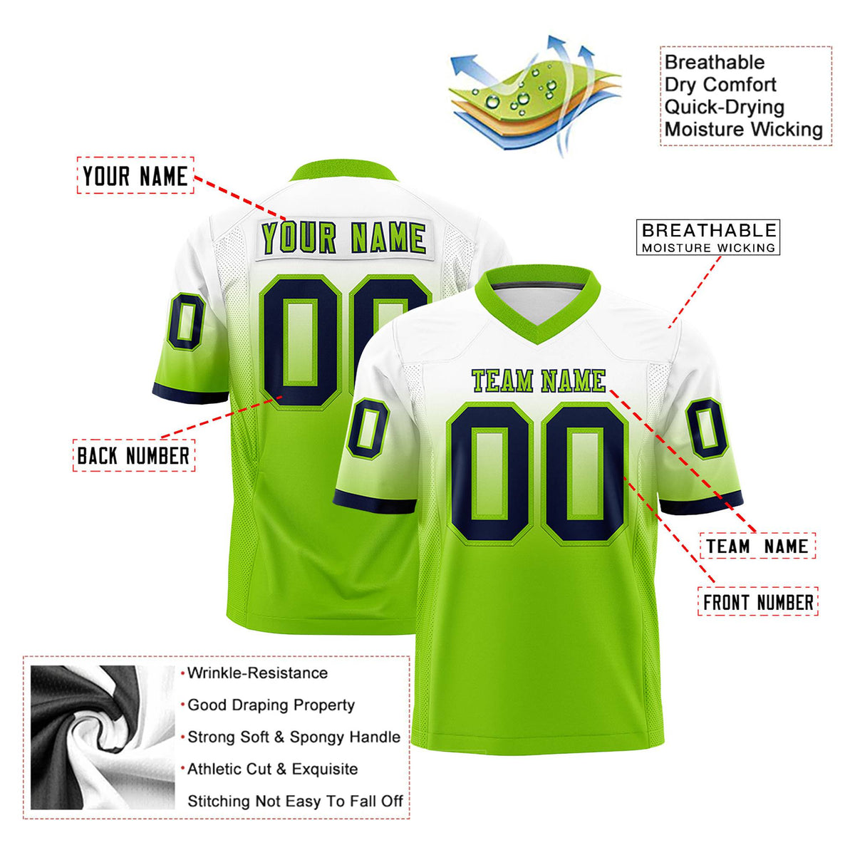 Custom White-Neon Green-Navy Gradient Fashion Mesh Authentic Football Jersey