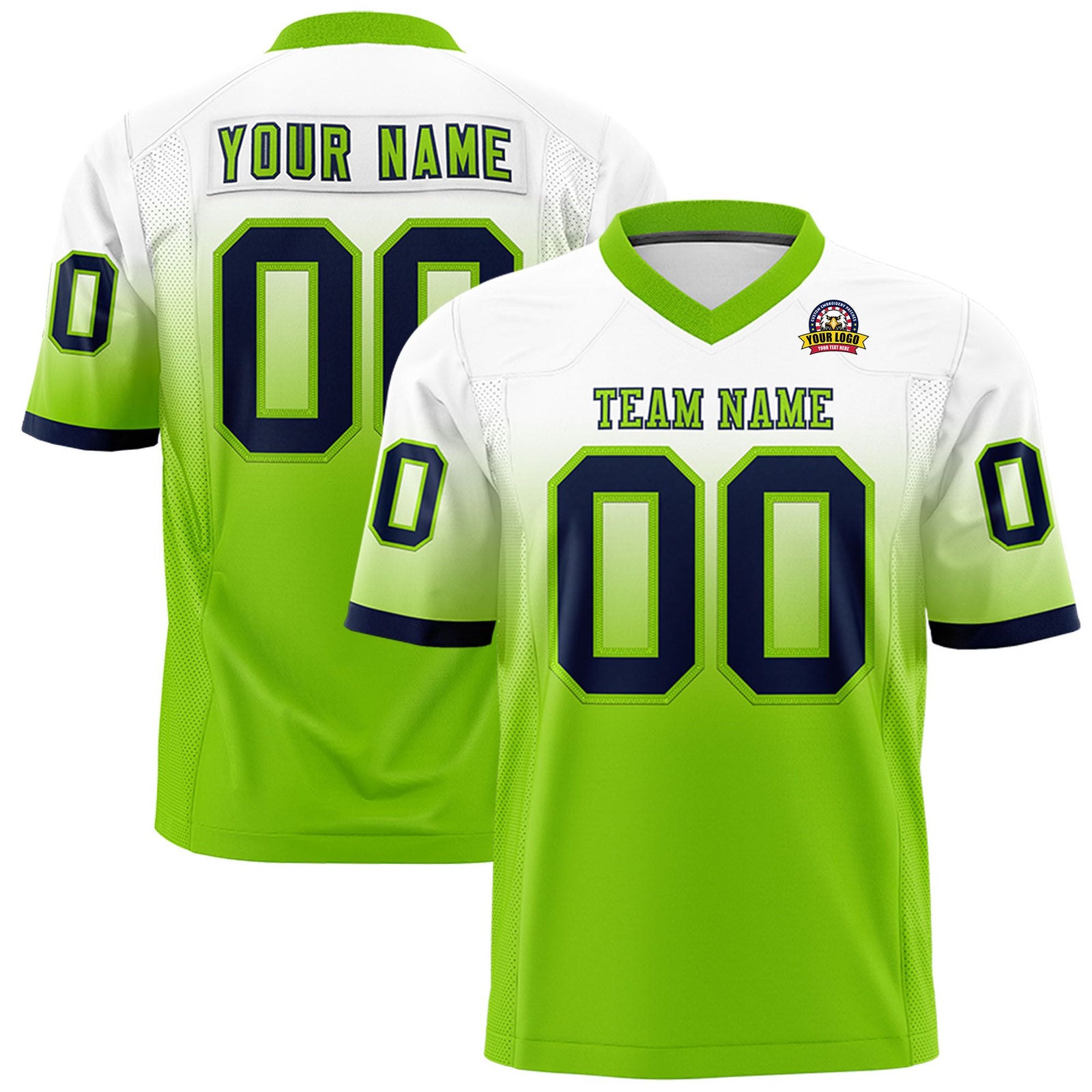 Custom White-Neon Green-Navy Gradient Fashion Mesh Authentic Football Jersey
