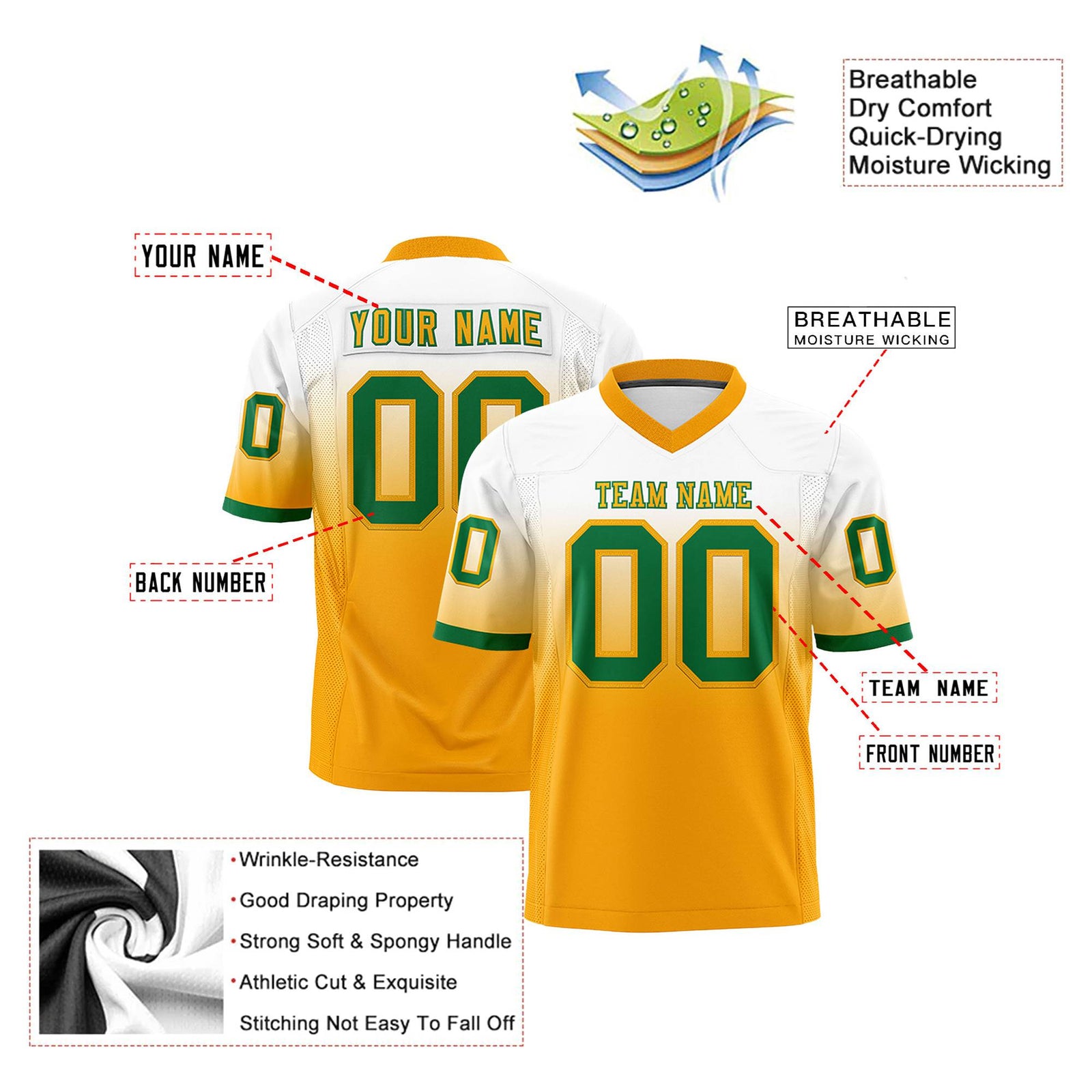 Custom White Yellow-Kelly Green Gradient Fashion Mesh Authentic Football Jersey