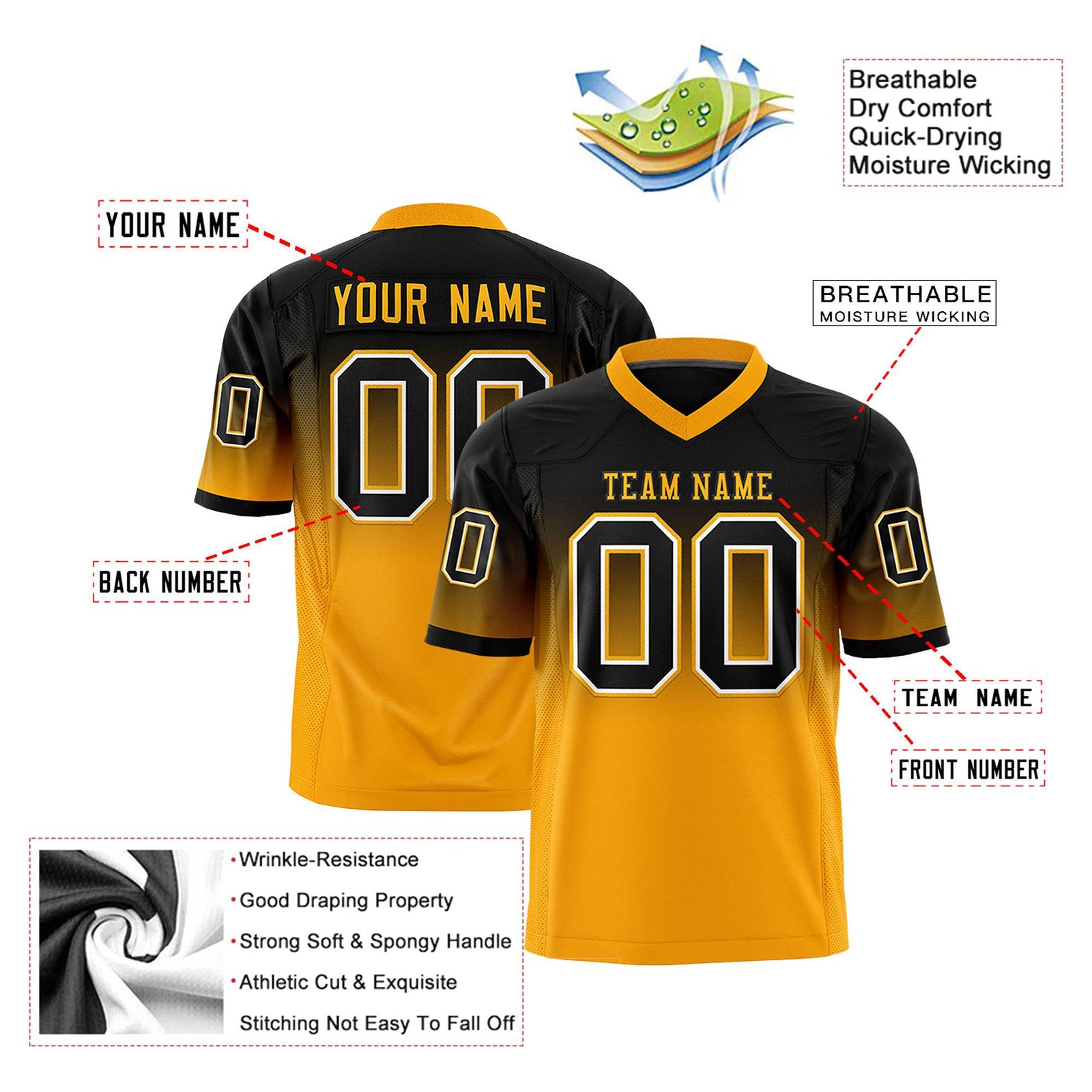 Custom Black Yellow Gradient Fashion Mesh Authentic Football Jersey