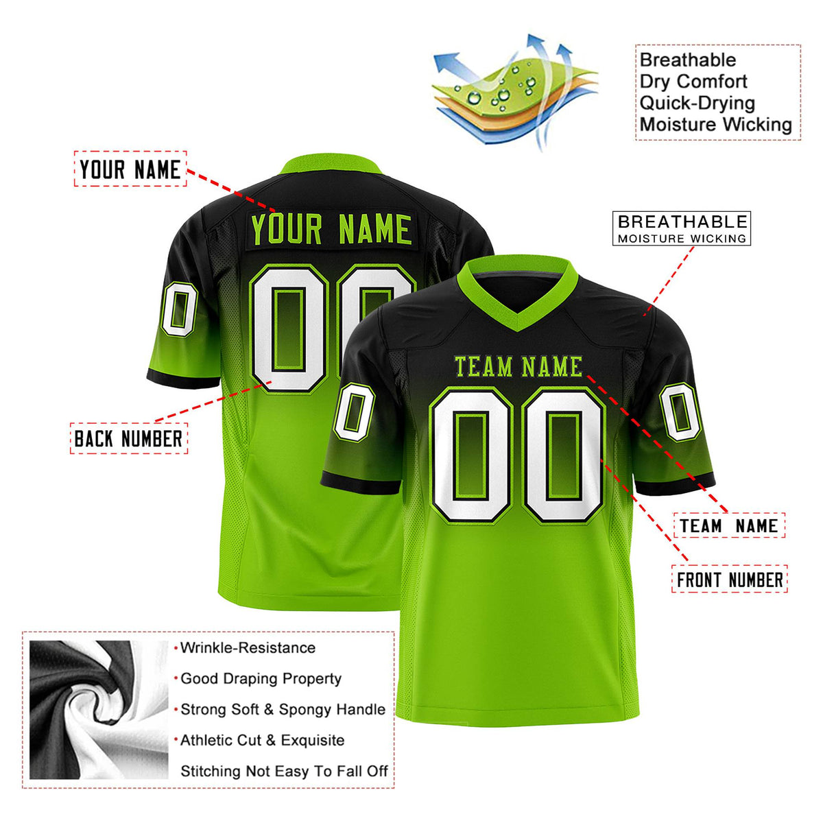 Custom Black Neon Green-White Gradient Fashion Mesh Authentic Football Jersey