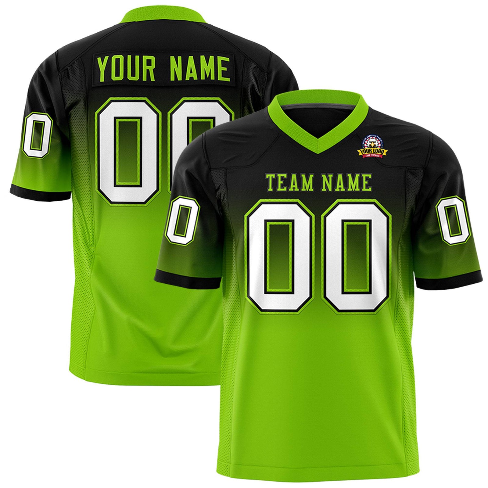 Custom Black Neon Green-White Gradient Fashion Mesh Authentic Football Jersey