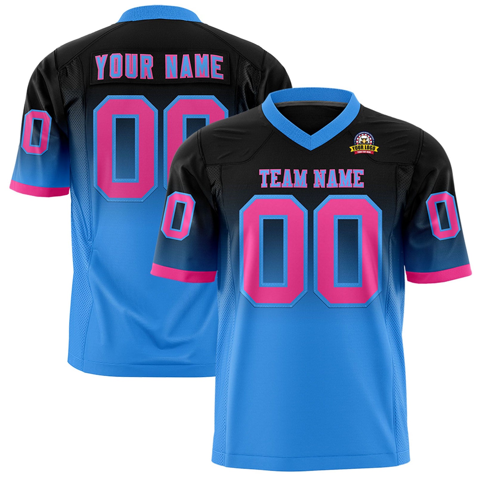 Custom Black Powder Blue-Pink Gradient Fashion Mesh Authentic Football Jersey