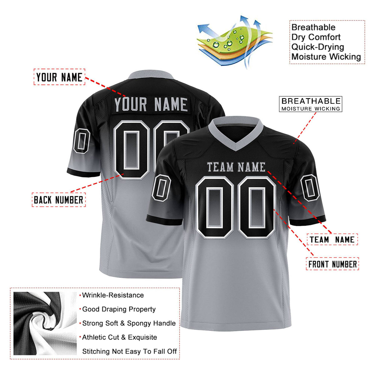 Custom Black Gray Gradient Fashion Mesh Authentic Football Jersey