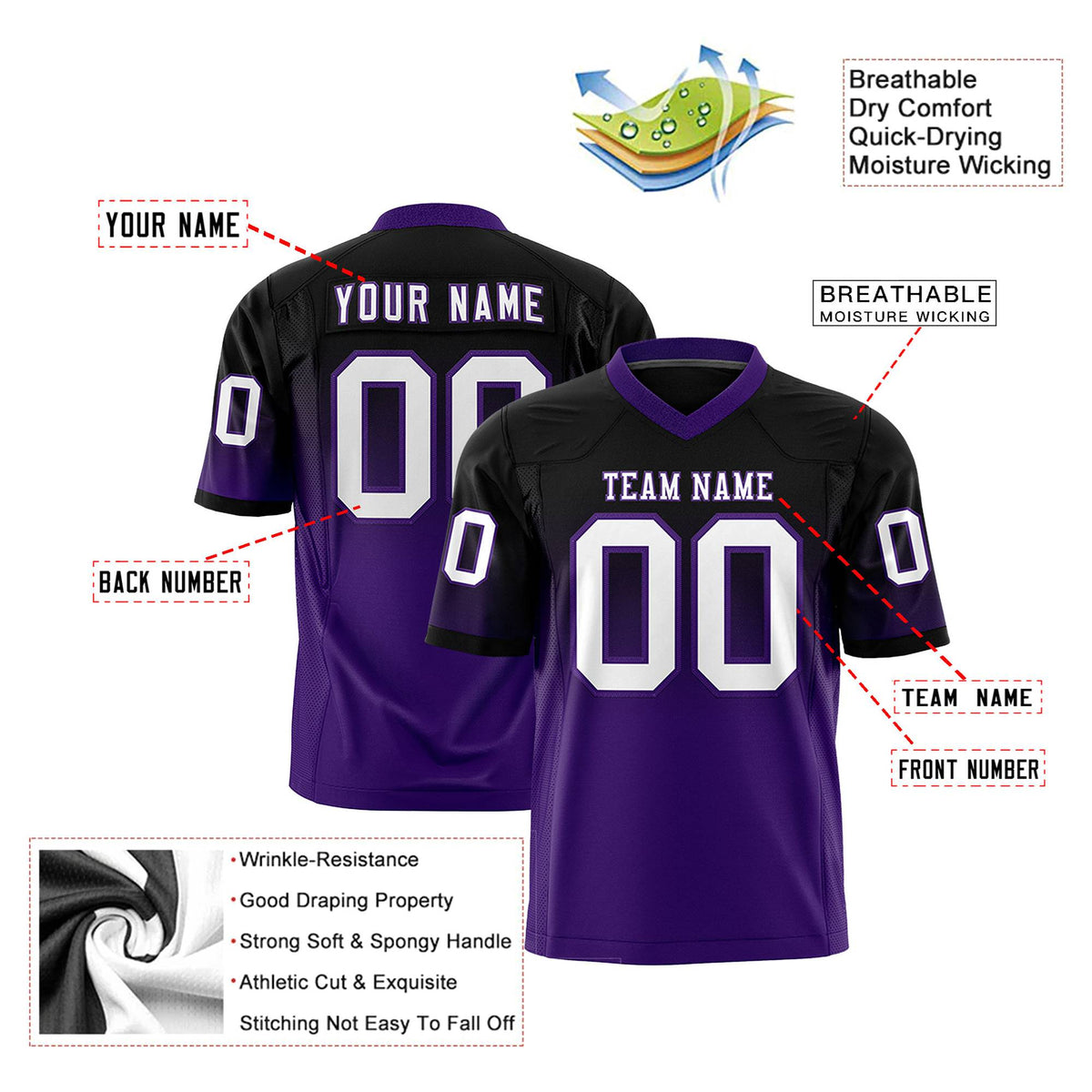Custom Black Purple-White Gradient Fashion Mesh Authentic Football Jersey