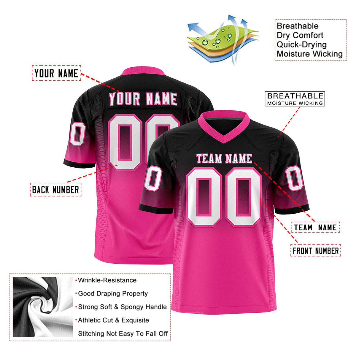 Custom Black Pink-White Gradient Fashion Mesh Authentic Football Jersey