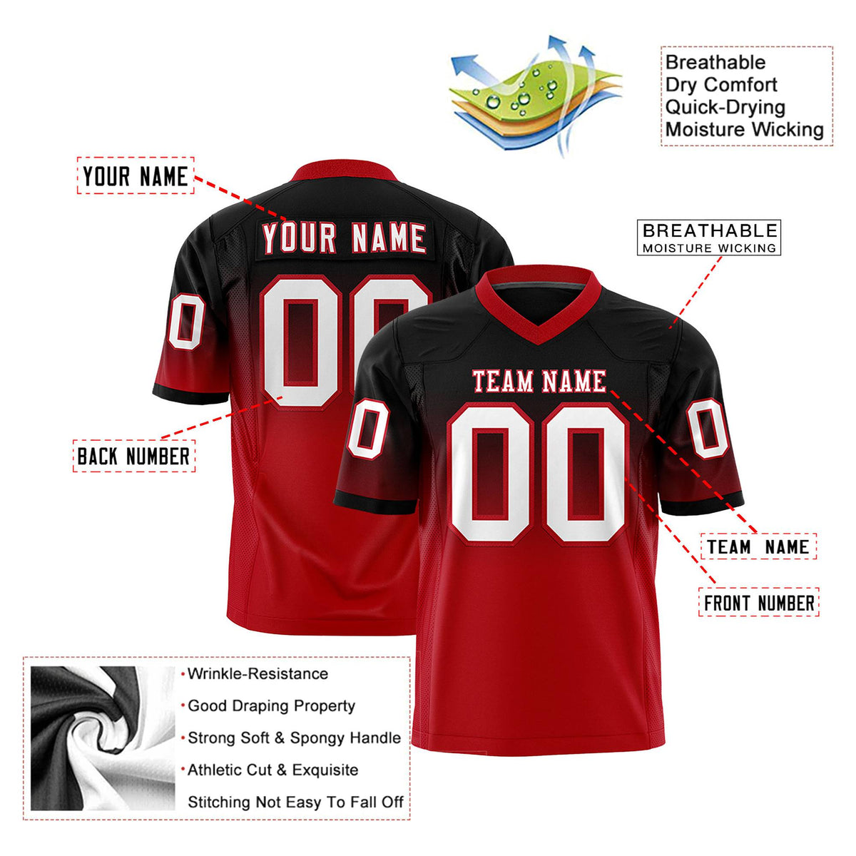 Custom Black Red-White Gradient Fashion Mesh Authentic Football Jersey