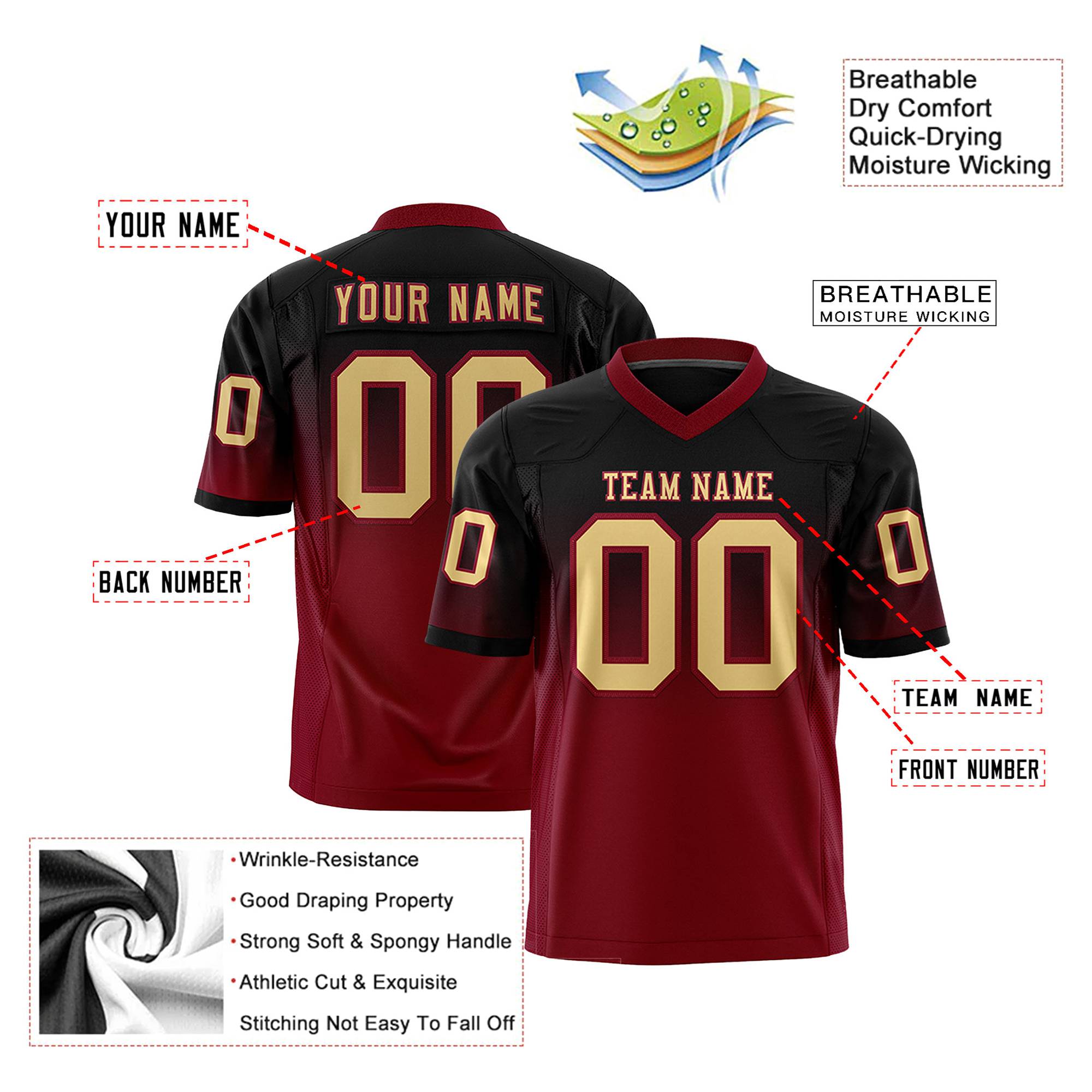 Custom Black Crimson Gradient Fashion Mesh Authentic Football Jersey