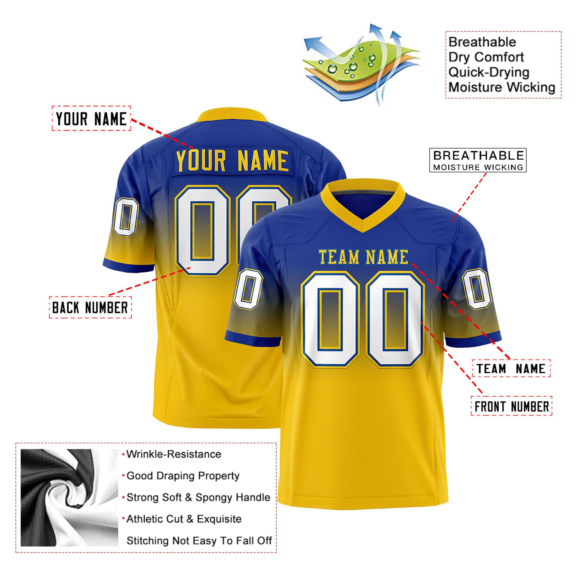 Custom Royal Blue Gold-White Gradient Fashion Mesh Authentic Football Jersey