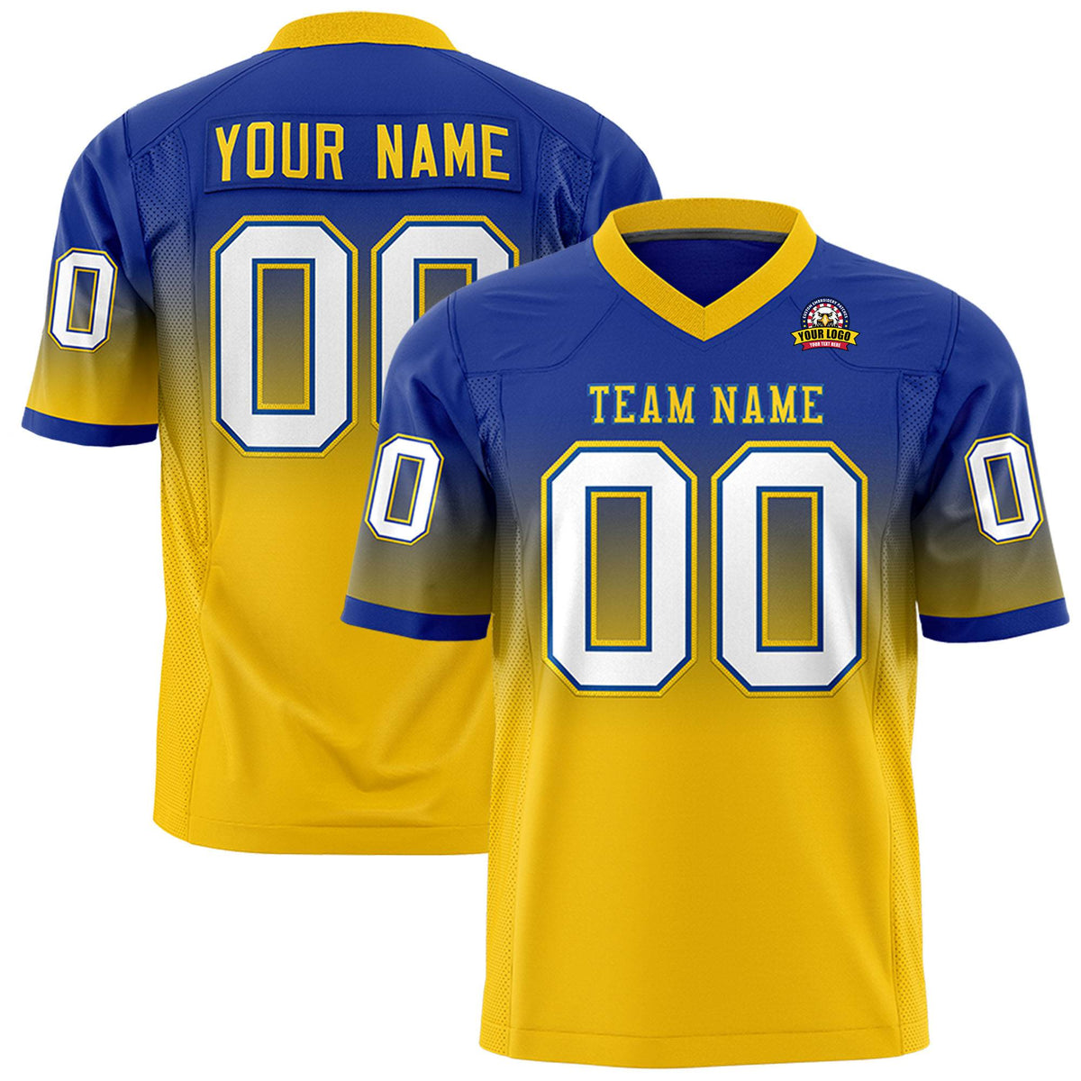 Custom Royal Blue Gold-White Gradient Fashion Mesh Authentic Football Jersey