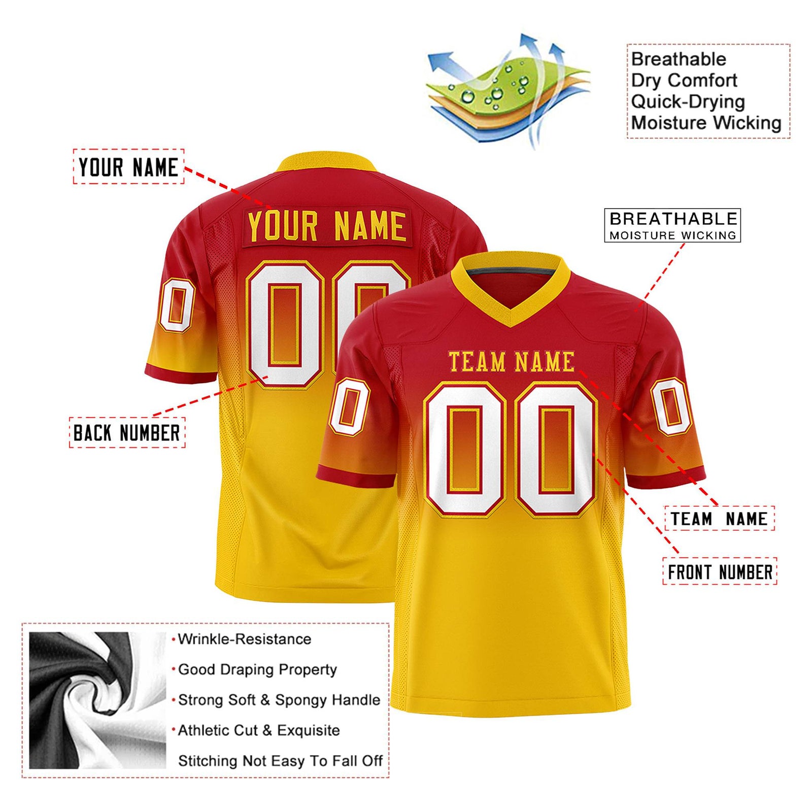 Custom Red Gold White Gradient Fashion Mesh Authentic Football Jersey