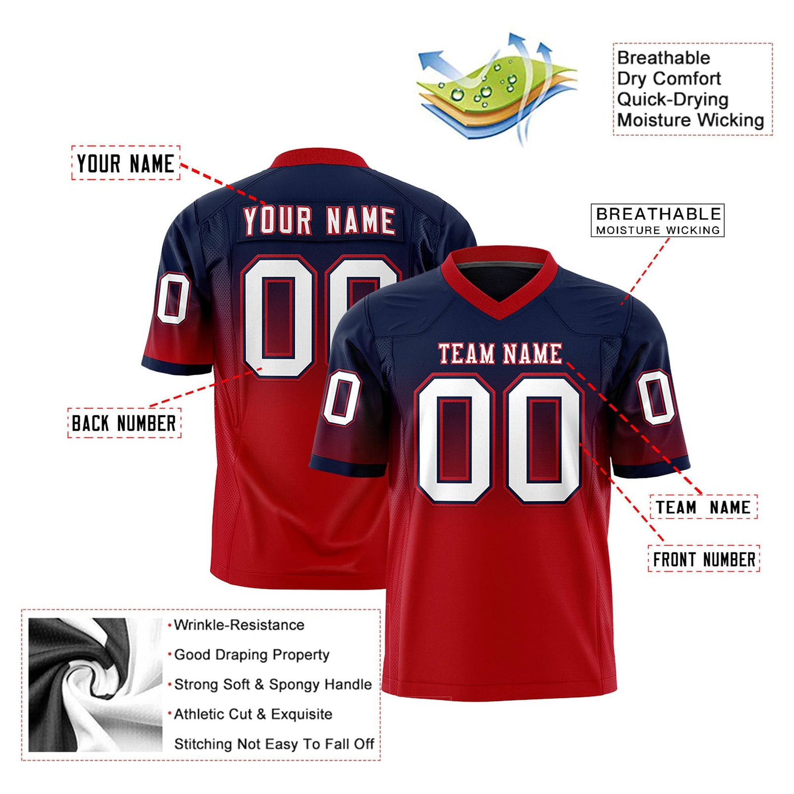 Custom Navy Red-White Gradient Fashion Mesh Authentic Football Jersey