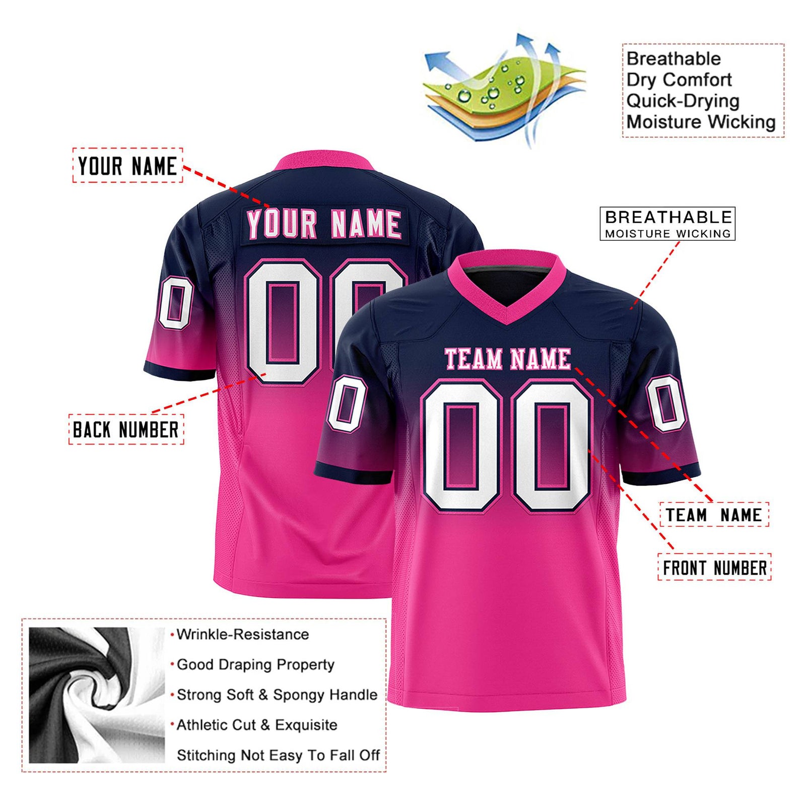 Custom Navy Pink-White Gradient Fashion Mesh Authentic Football Jersey