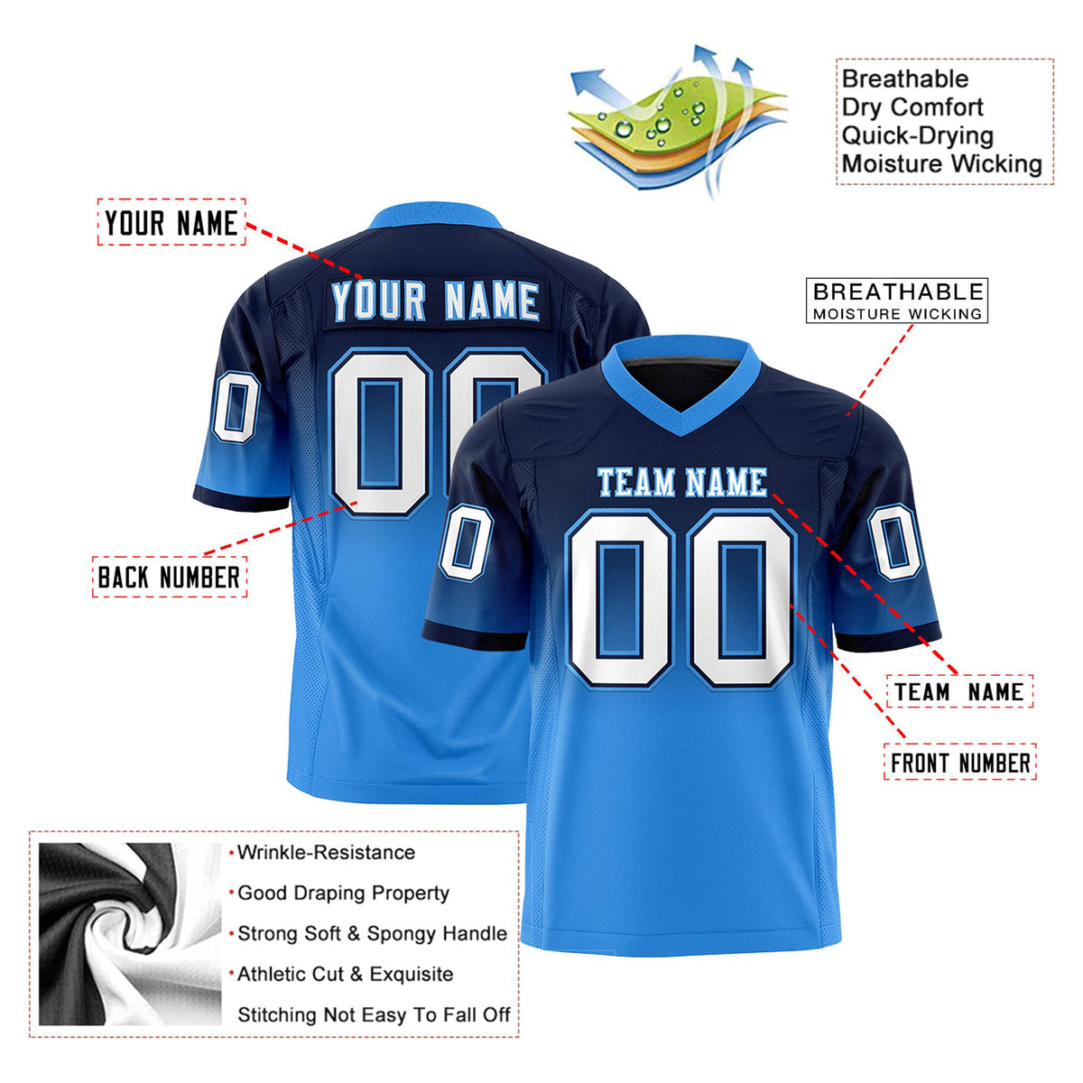 Custom Navy-Powder Blue-White Gradient Fashion Mesh Authentic Football Jersey