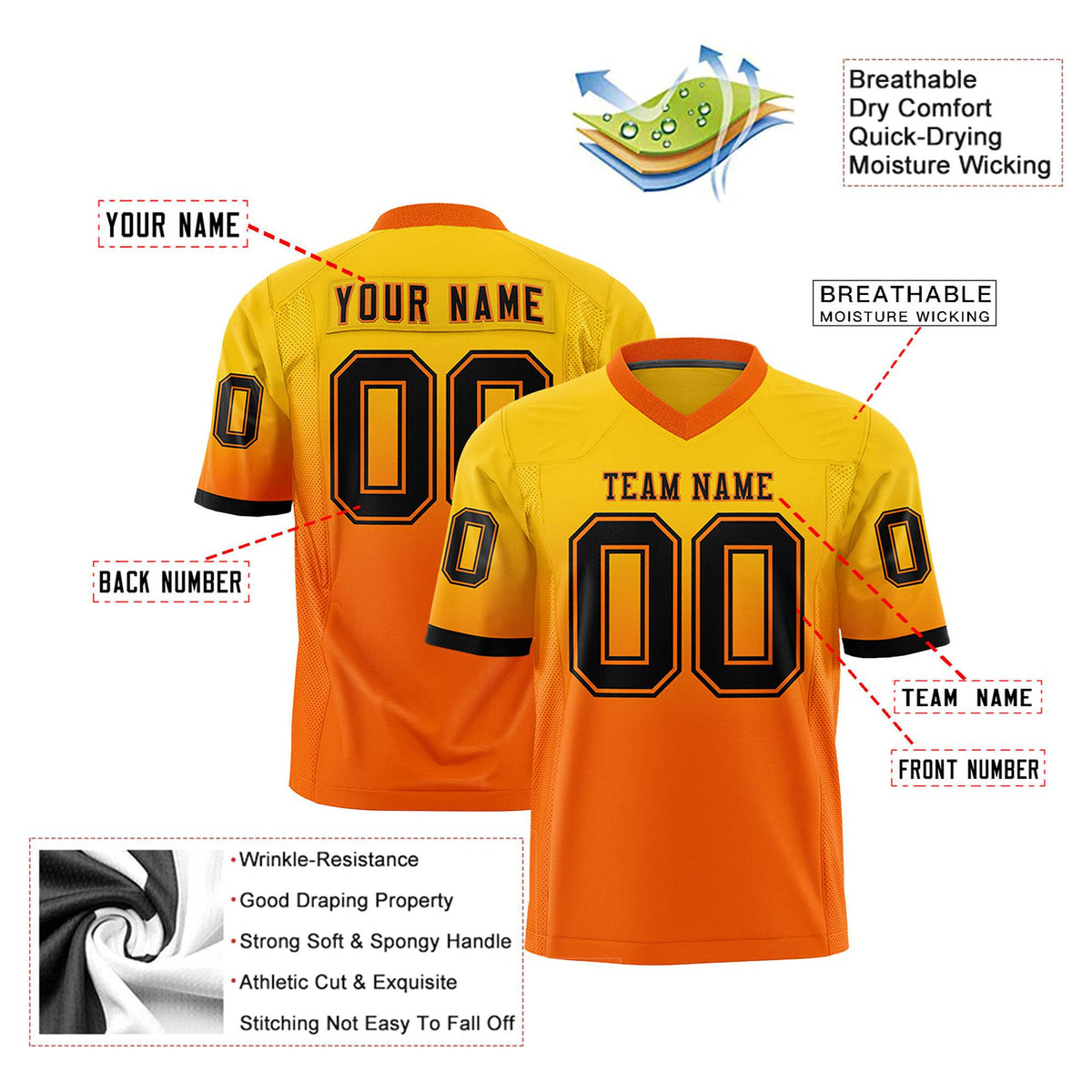 Custom Gold Orange-black Gradient Fashion Mesh Authentic Football Jersey