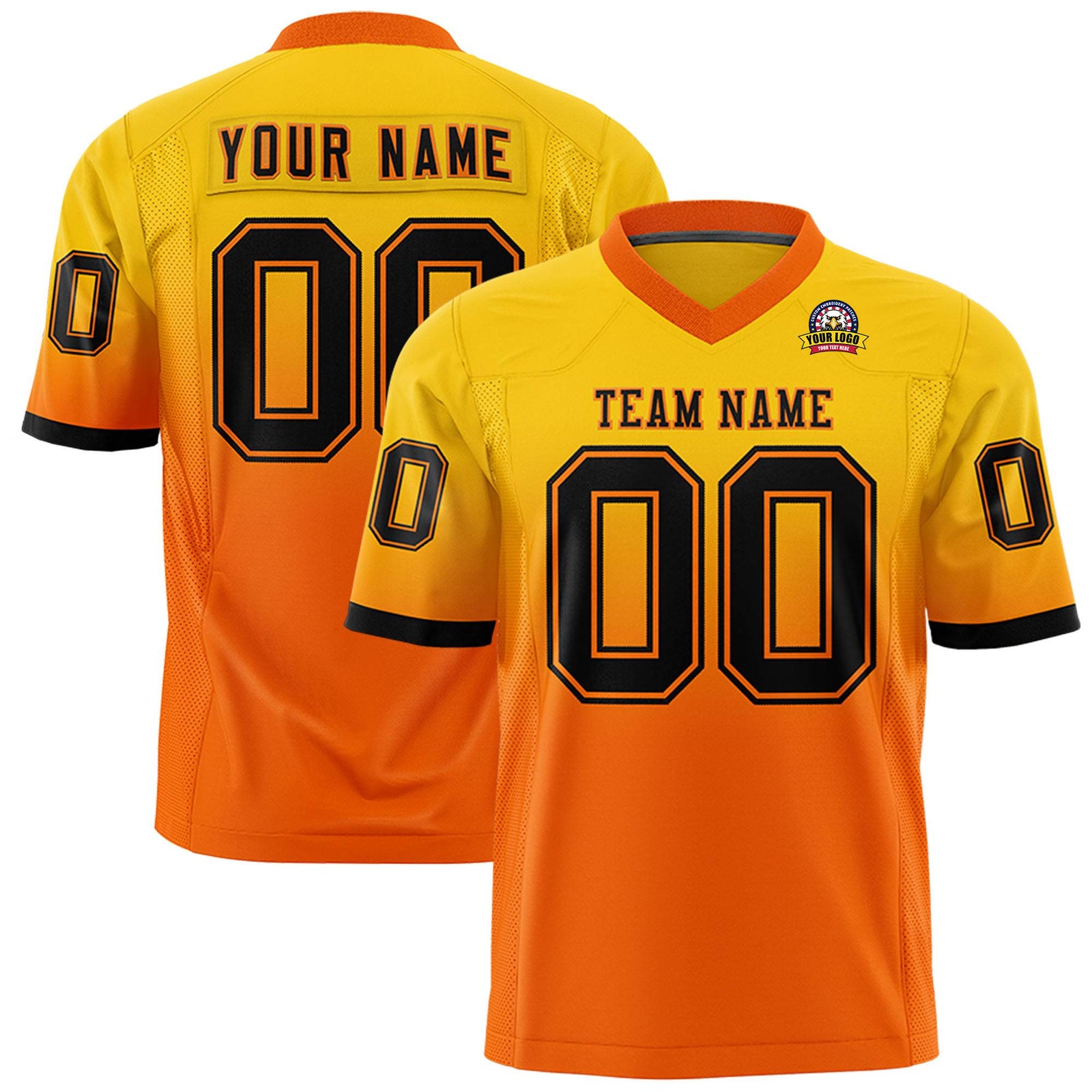 Custom Gold Orange-black Gradient Fashion Mesh Authentic Football Jersey