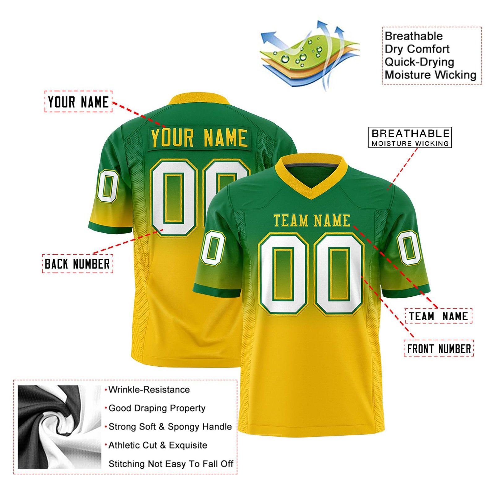 Custom Kelly Green Gold-White Gradient Fashion Mesh Authentic Football Jersey