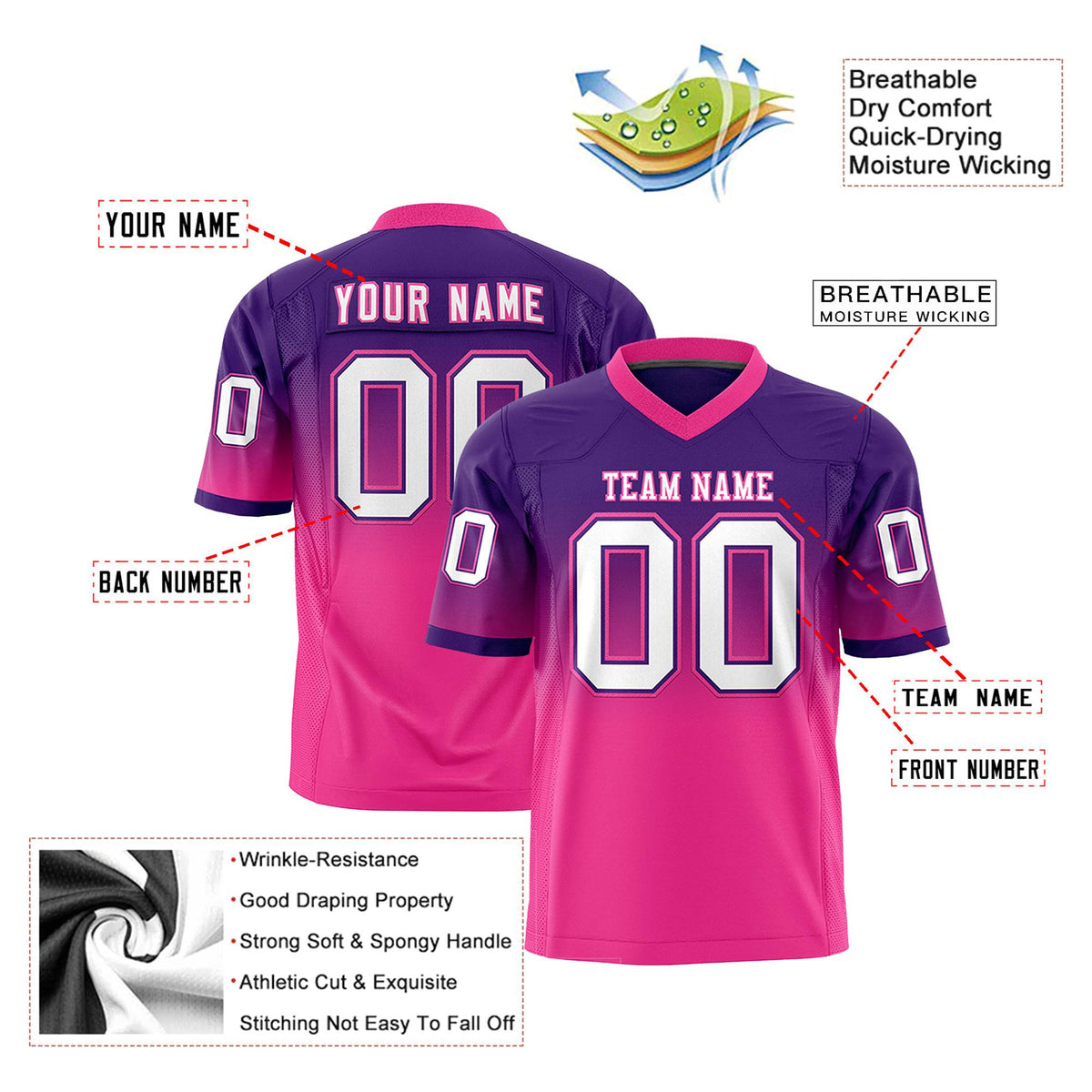 Custom Purple Pink-White Gradient Fashion Mesh Authentic Football Jersey