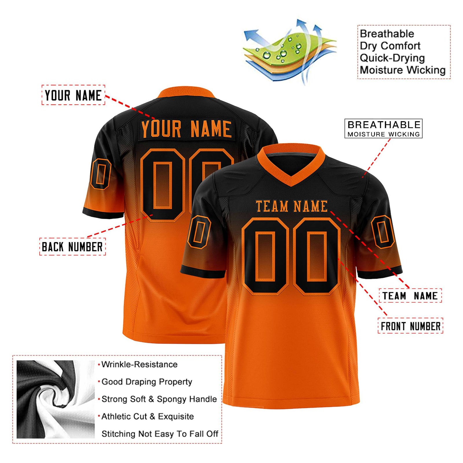 Custom Black Orange Gradient Fashion Mesh Authentic Football Jersey