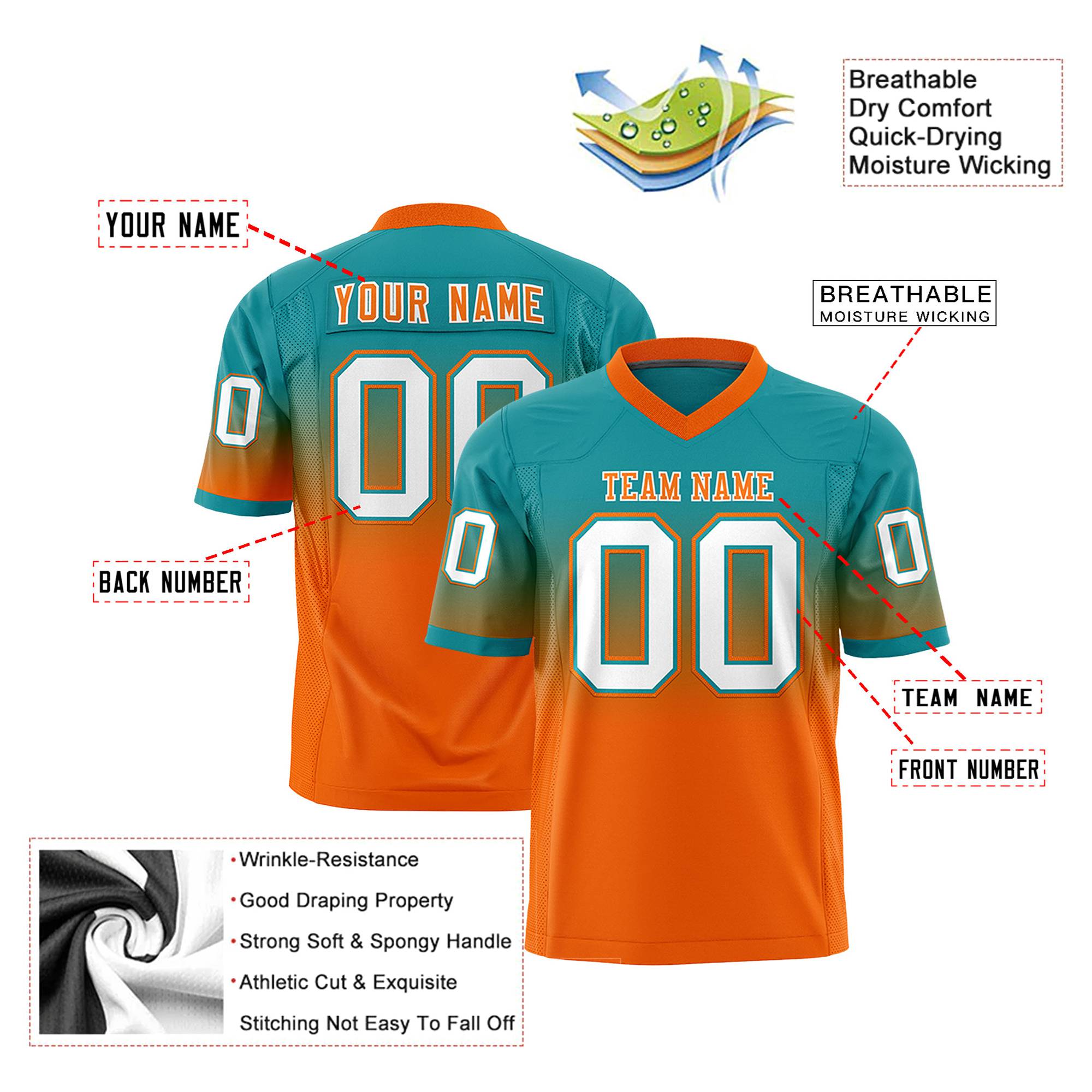 Custom Aqua Orange-White Gradient Fashion Mesh Authentic Football Jersey