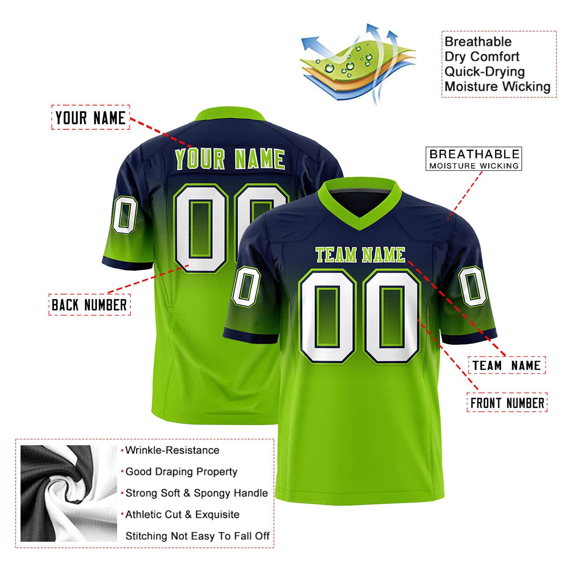 Custom Navy Neon Green White Gradient Fashion Mesh Authentic Football Jersey