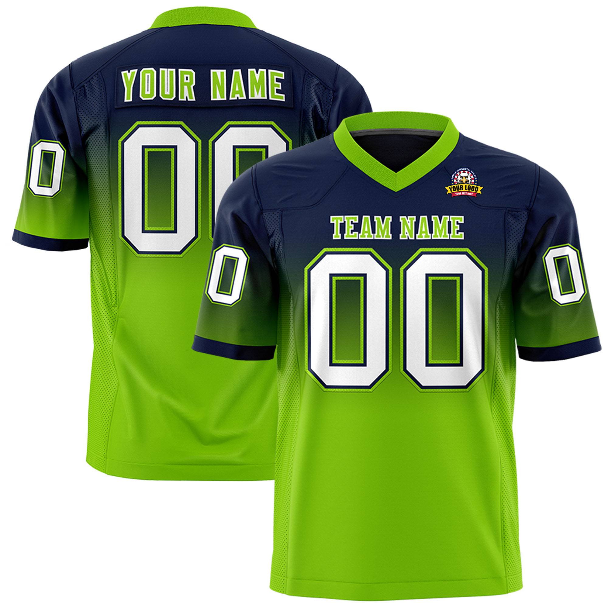 Custom Navy Neon Green White Gradient Fashion Mesh Authentic Football Jersey