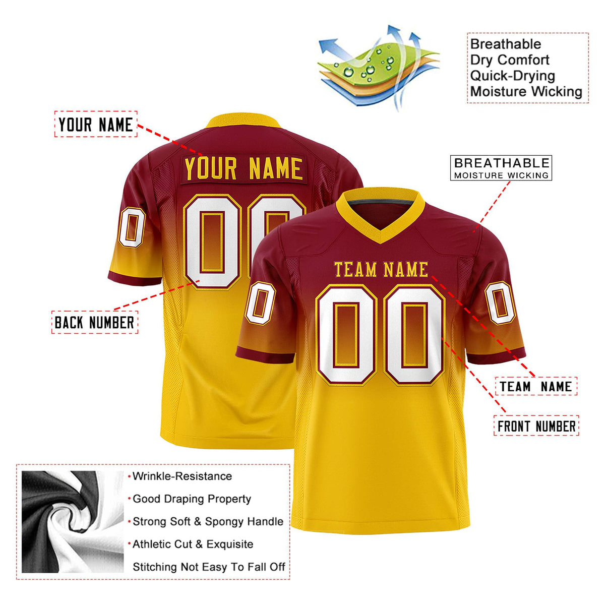 Custom Crimson Gold-White Gradient Fashion Mesh Authentic Football Jersey