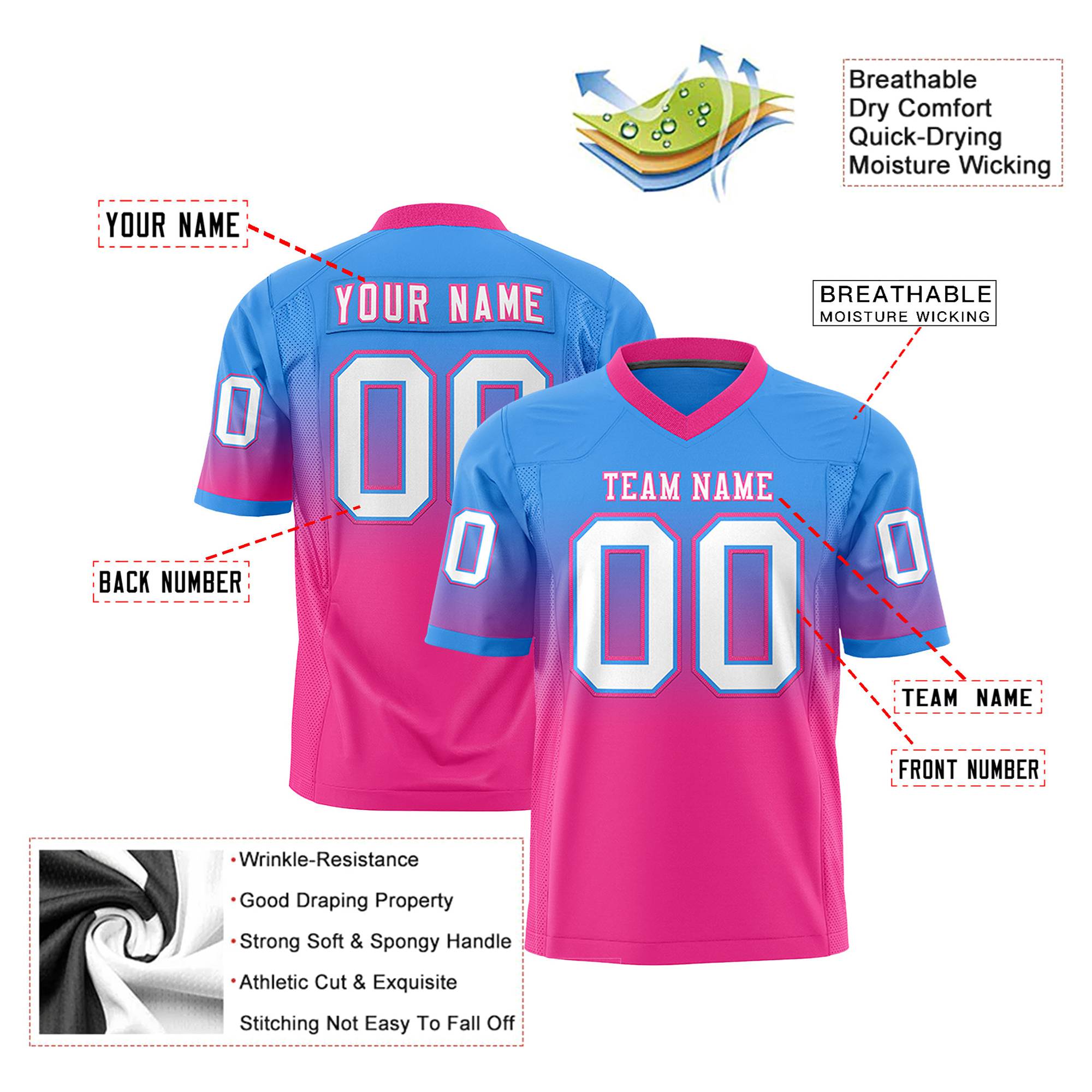 Custom Powder Blue Pink-White Gradient Fashion Mesh Authentic Football Jersey