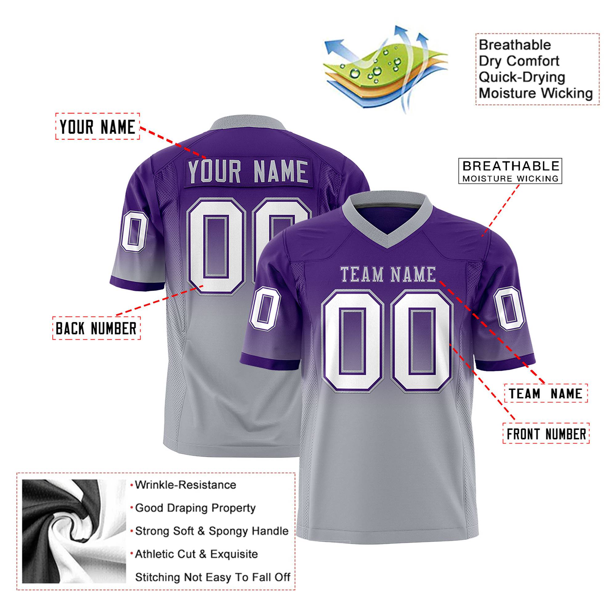 Custom Purple Gray-White Gradient Fashion Mesh Authentic Football Jersey