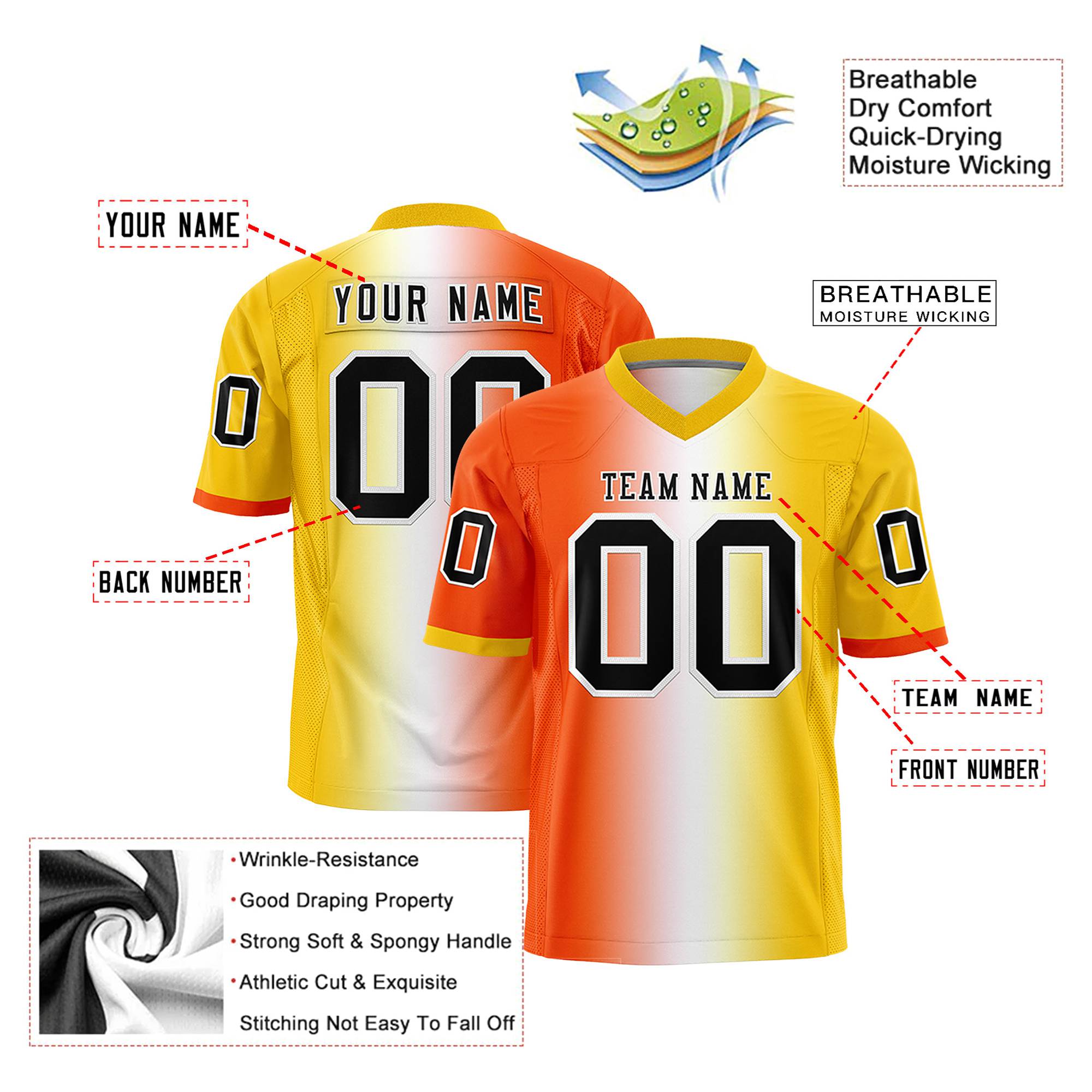 Custom Orange White-Gold01 Personalized Gradient Fashion Authentic Football Jersey