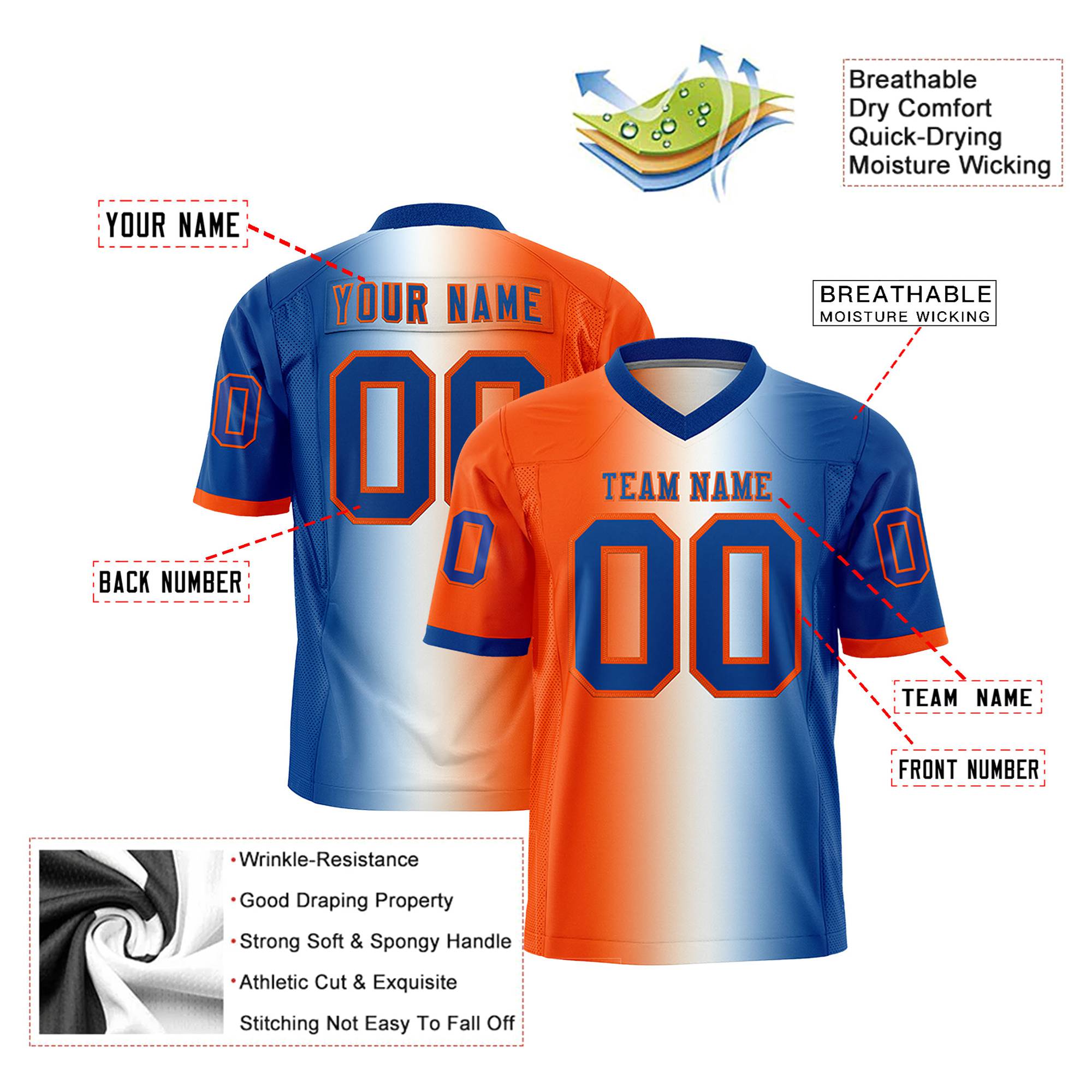 Custom Orange White-Royal Blue Personalized Gradient Fashion Authentic Football Jersey