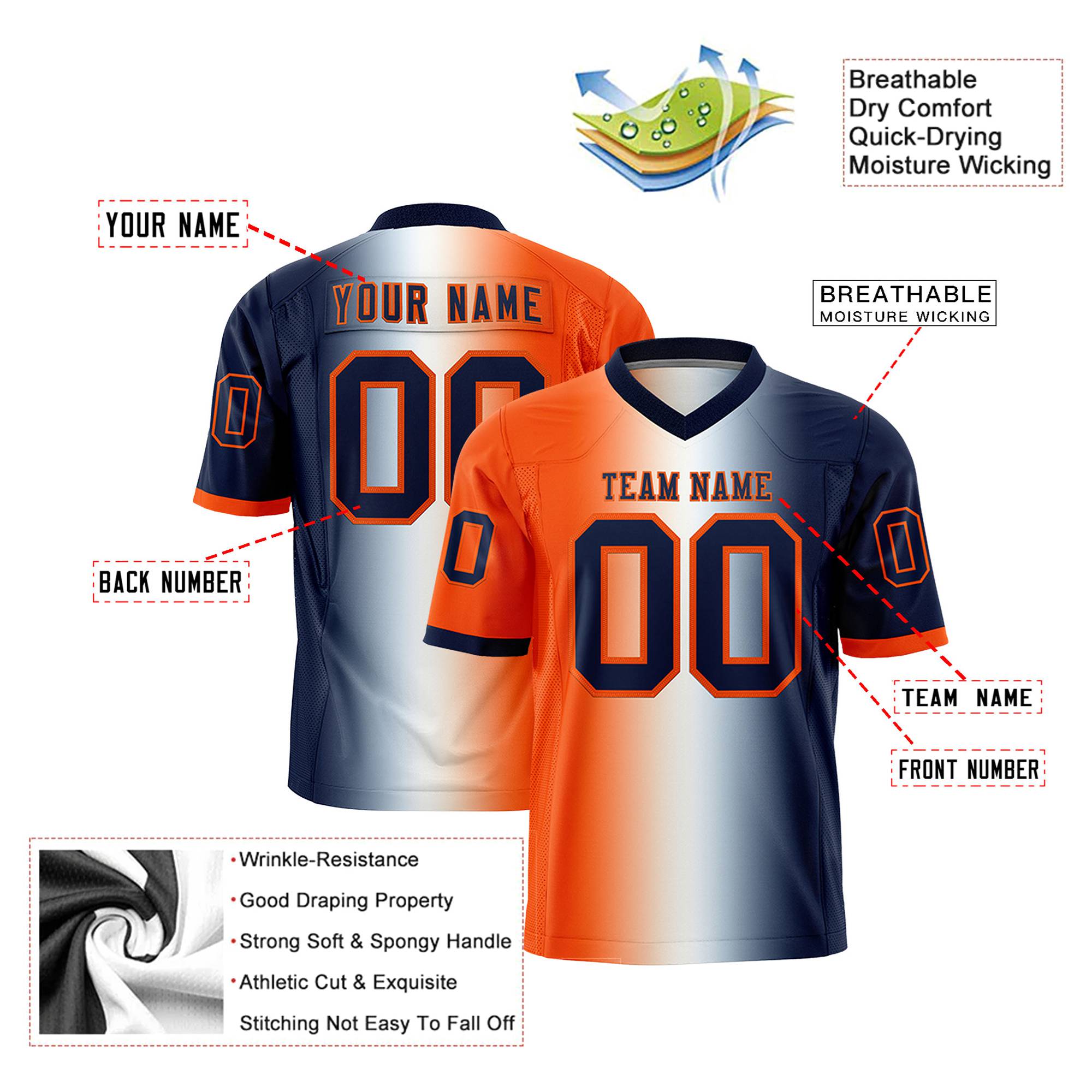 Custom Orange White-Navy Personalized Gradient Fashion Authentic Football Jersey