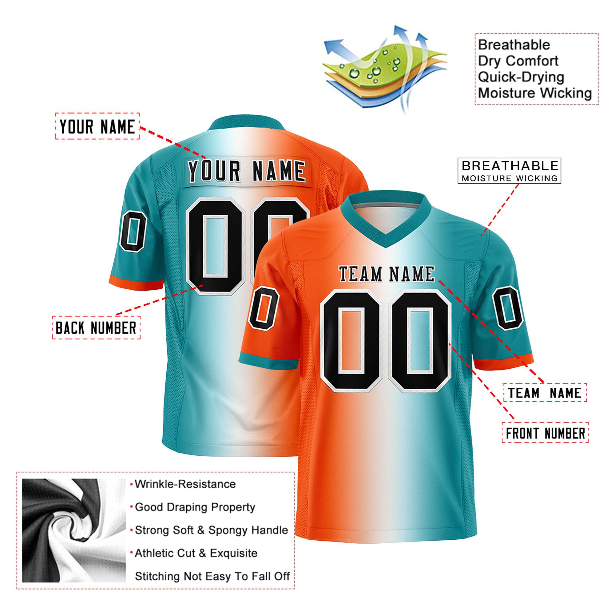 Custom Orange White-Aqua Personalized Gradient Fashion Authentic Football Jersey