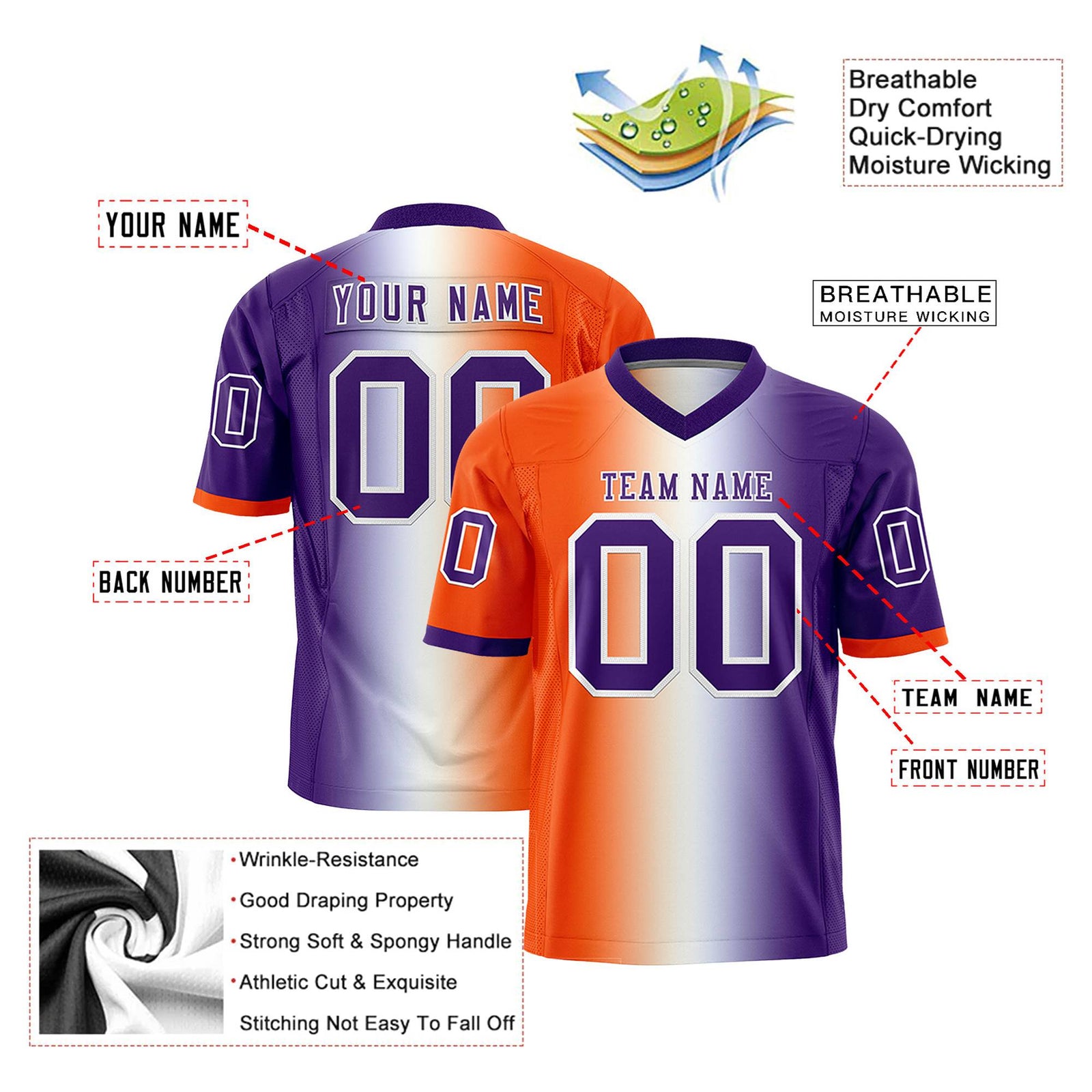 Custom Orange White-Purple Personalized Gradient Fashion Authentic Football Jersey