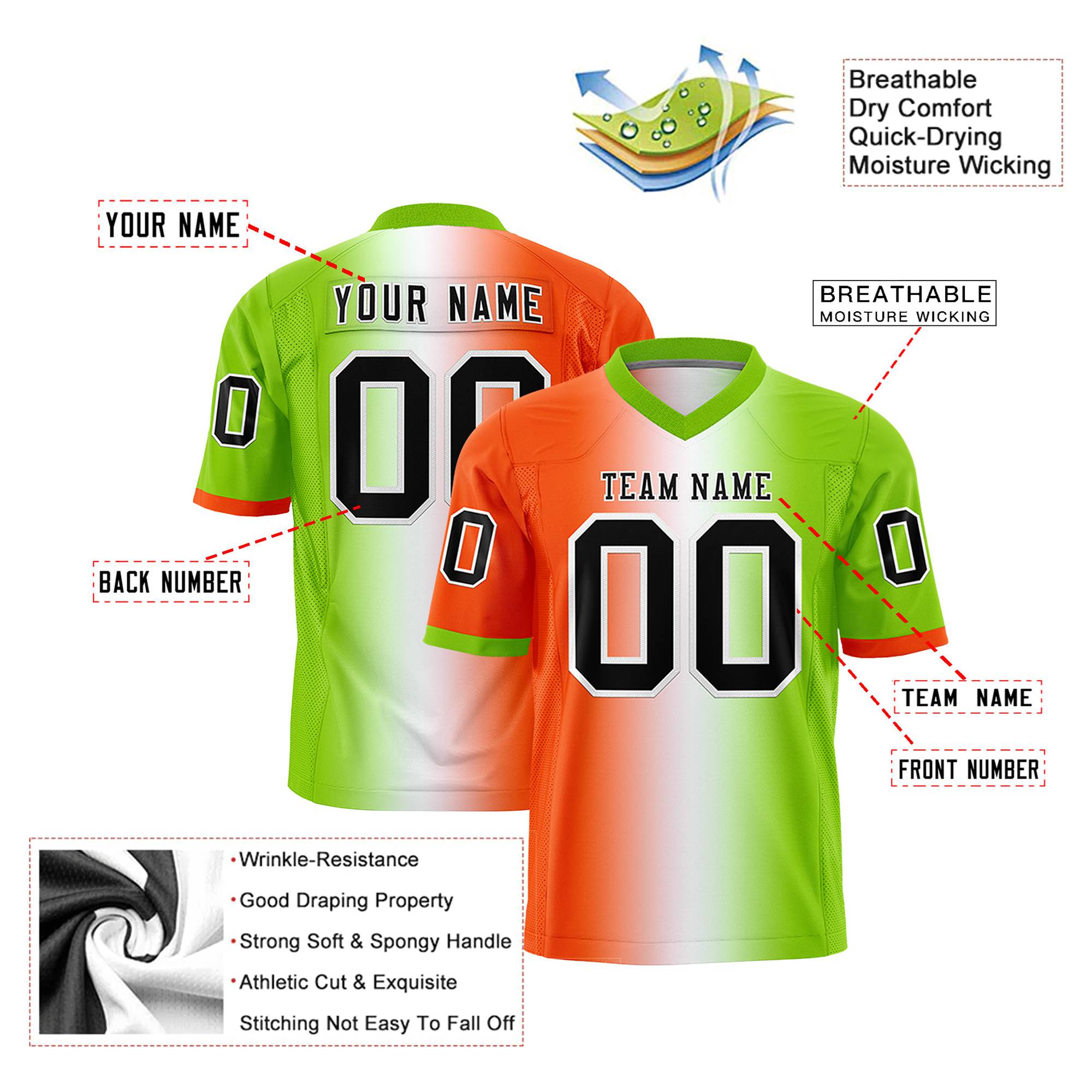 Custom Orange White-Neon Green Personalized Gradient Fashion Authentic Football Jersey