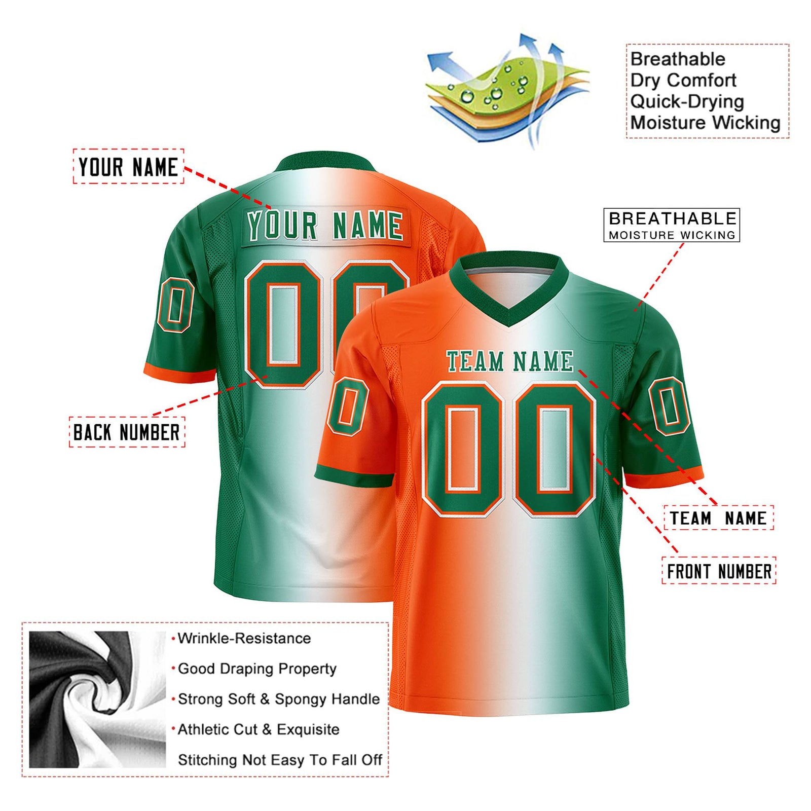Custom Orange White-Kelly Green Personalized Gradient Fashion Authentic Football Jersey