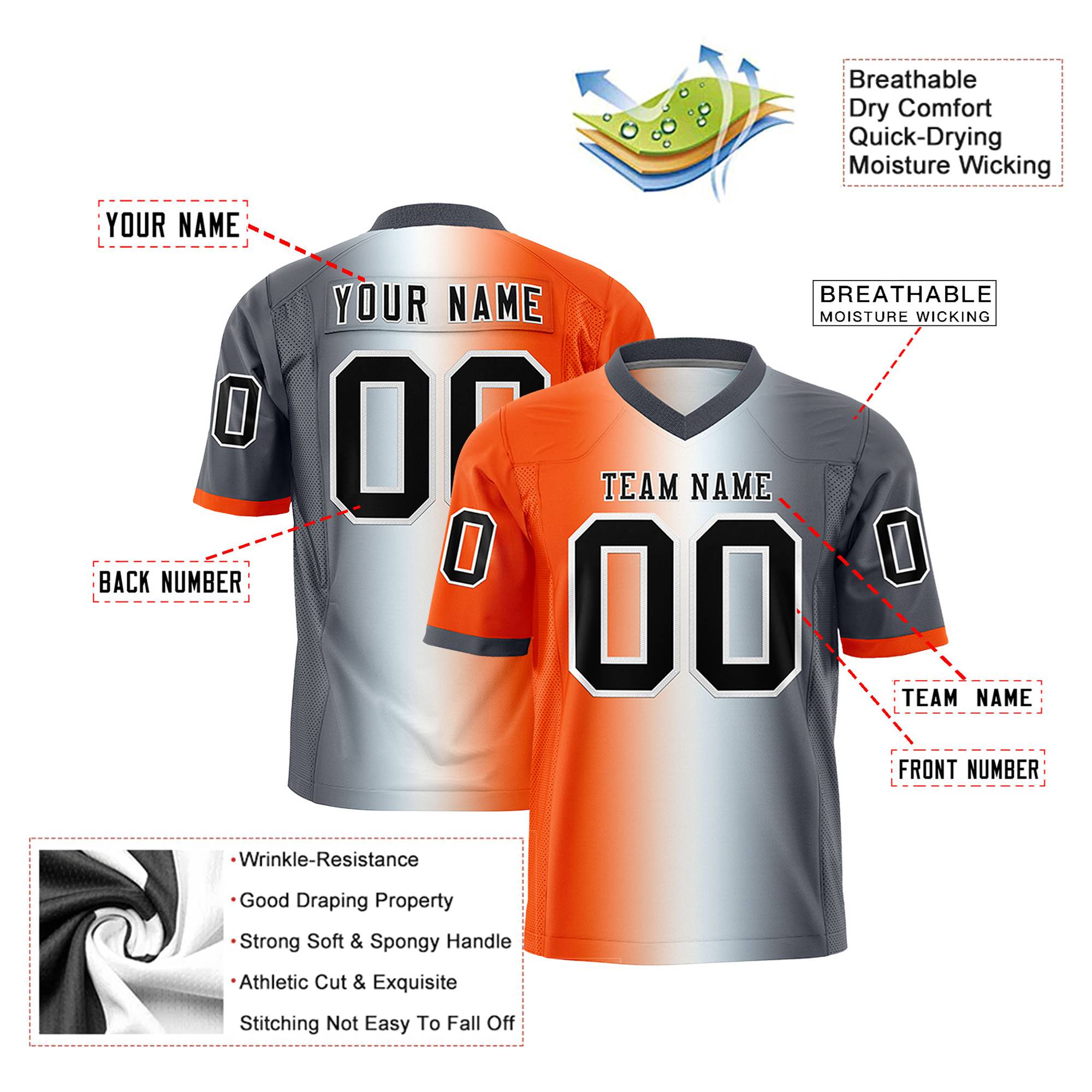 Custom Orange White-Gray Personalized Gradient Fashion Authentic Football Jersey