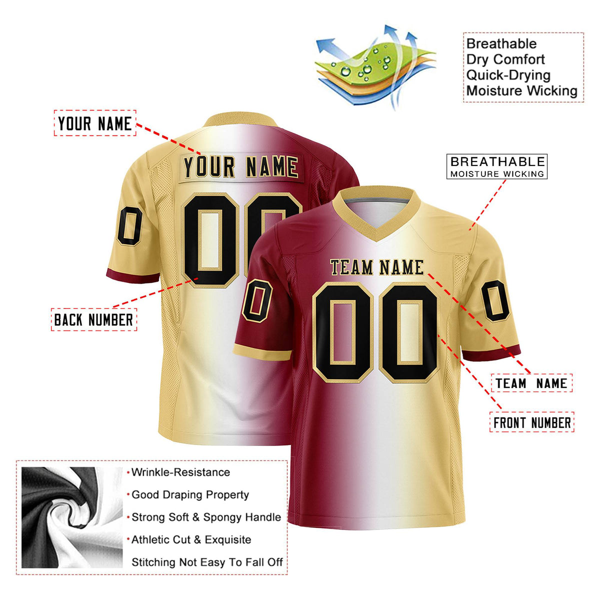 Custom Crimson White-Old Gold Personalized Gradient Fashion Authentic Football Jersey
