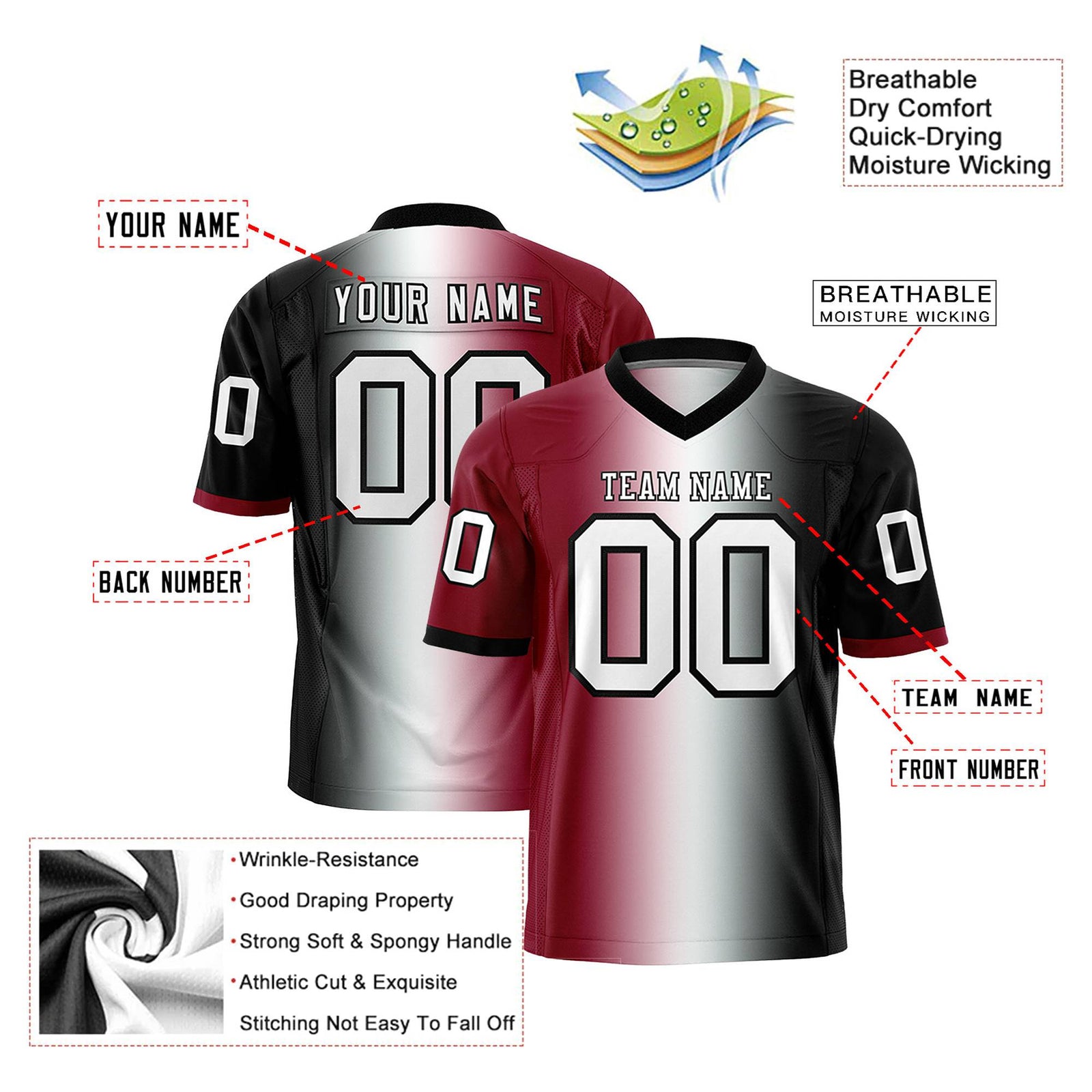 Custom Crimson White-Black Personalized Gradient Fashion Authentic Football Jersey