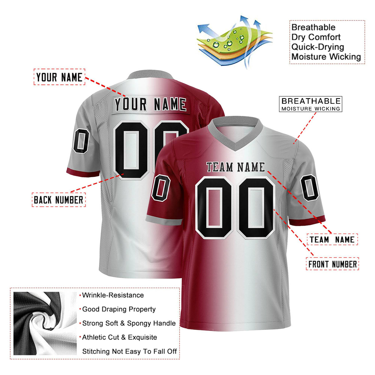 Custom Crimson White-Gray Personalized Gradient Fashion Authentic Football Jersey