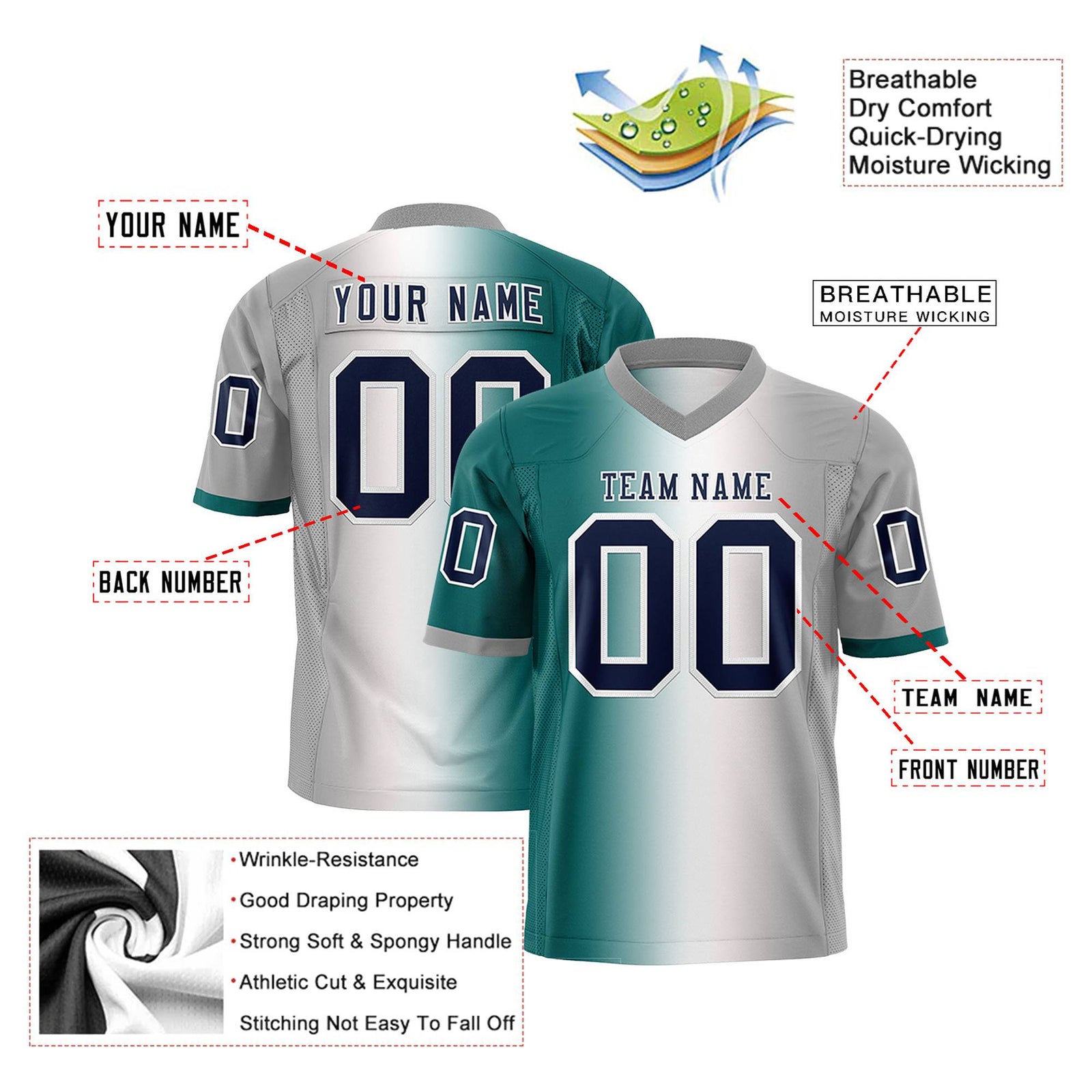 Custom Aqua White-Gray Personalized Gradient Fashion Authentic Football Jersey