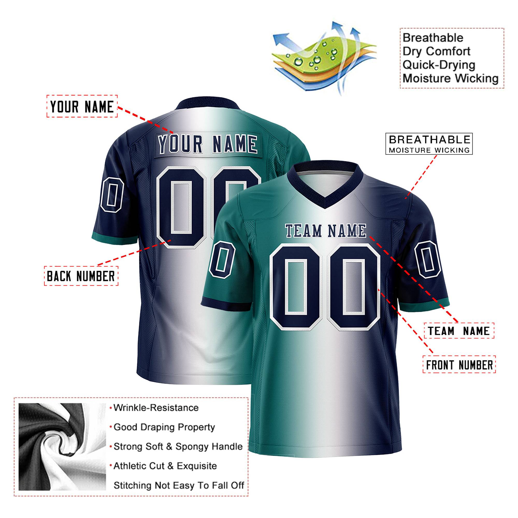 Custom Aqua White-Navy Personalized Gradient Fashion Authentic Football Jersey